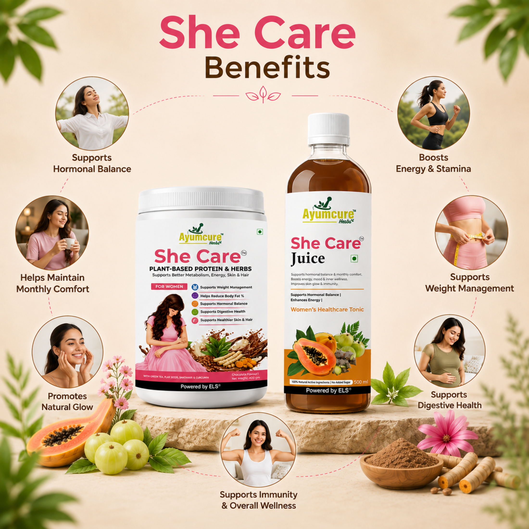 She Care Women’s Wellness Combo | Plant-Based Protein Powder 400 g + Ayurvedic Herbal Juice 500 ml | Daily Nutrition, Hormonal Wellness & Monthly Comfort Support
