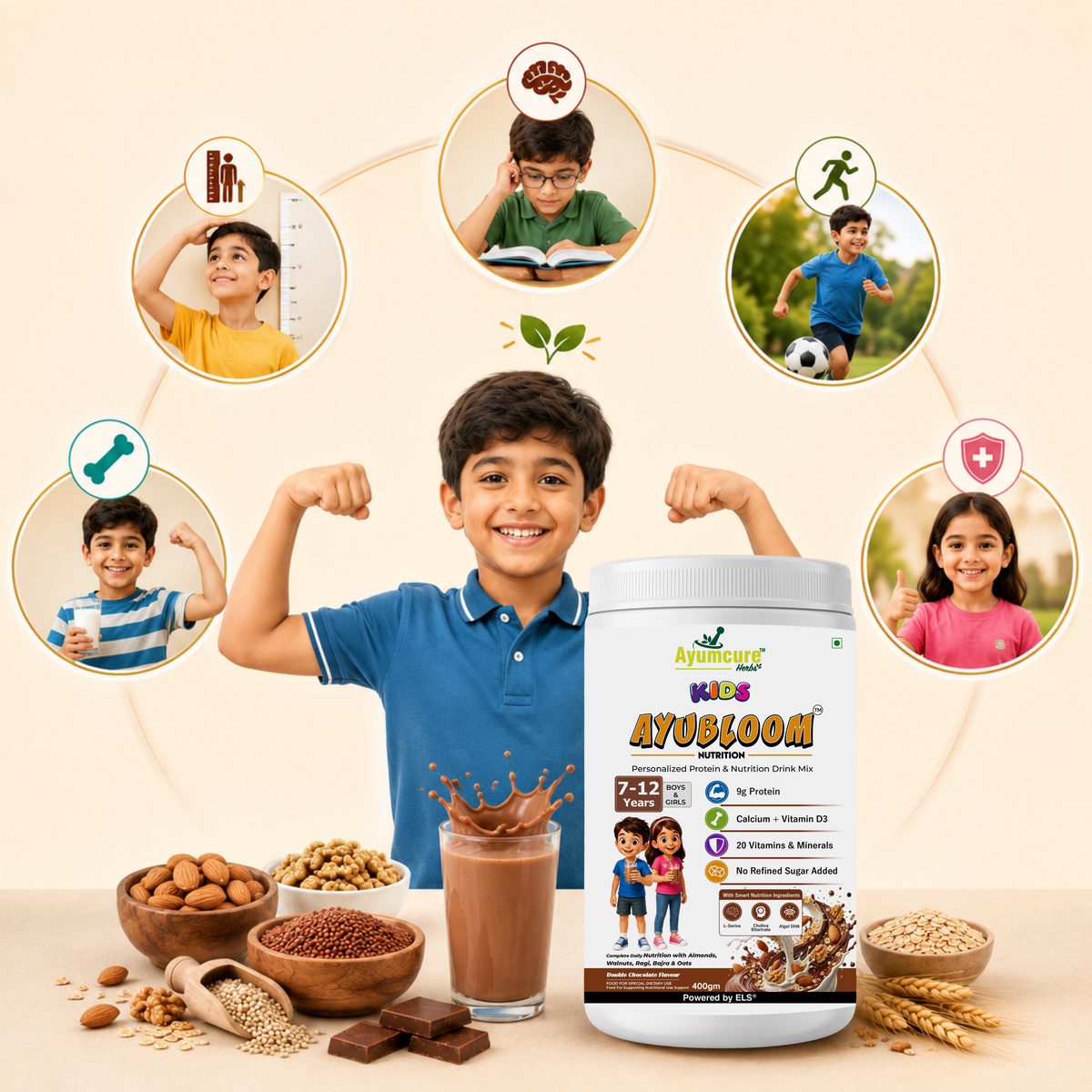 Kids AYUBLOOM Nutrition Drink Powder |  Complete Daily Nutrition for Boys & Girls 7-12 Years