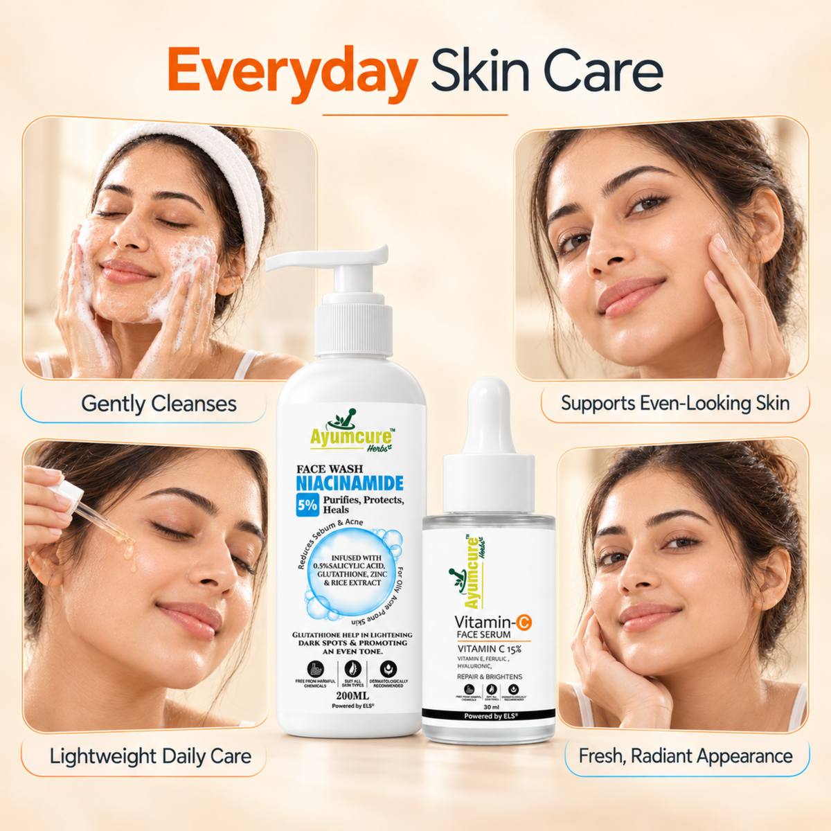 Ayumcure Niacinamide Face Wash 5% + Vitamin C 15% Face Serum Combo for Men & Women