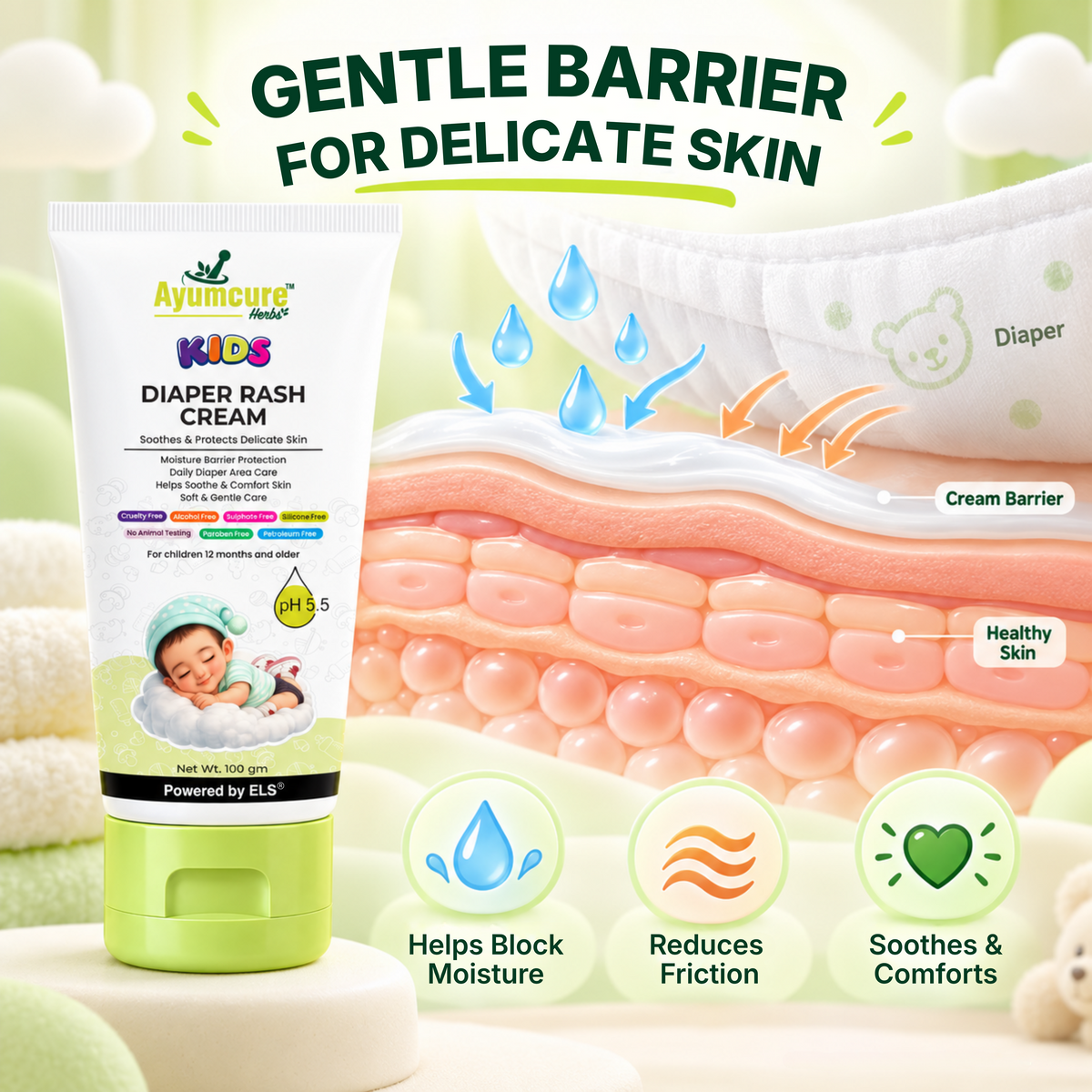 Ayumcure Herbs Kids Diaper Rash Cream | Soothes & Protects Delicate Skin | Ayurvedic with Coconut Oil, Aloe Vera & Kokum Butter | Moisture Barrier Protection | 100gm