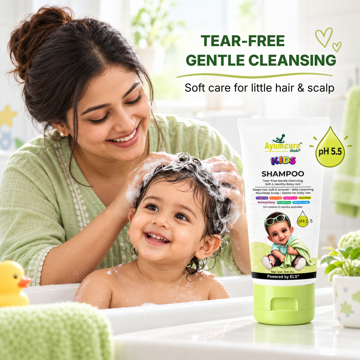 Ayumcure Herbs Kids Tear-Free Shampoo | Sulphate, Paraben & Silicone Free | Ayurvedic with Aloe Vera, Neem, Shikakai & Amla | Gentle Daily Baby Hair Cleanser | 100ml
