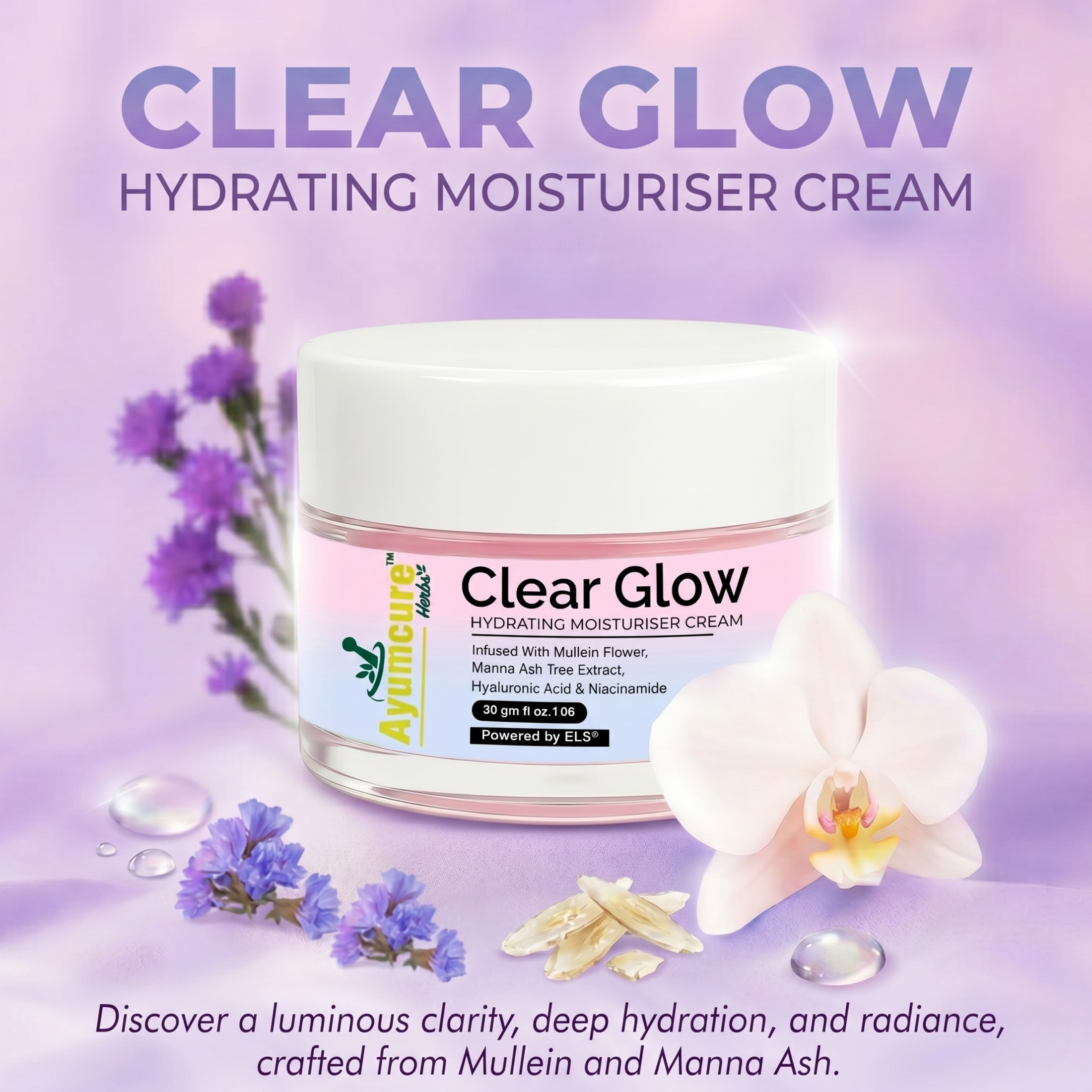 Clear Glow Korean Skin Hydrating Moisturiser Cream | Glass Glow Skin Formula with Hyaluronic Acid & Niacinamide | Infused with Mullein Flower & Manna Ash Tree Extract | Deep Hydration Lightweight Daily Face Cream for Women & Men | 30 gm