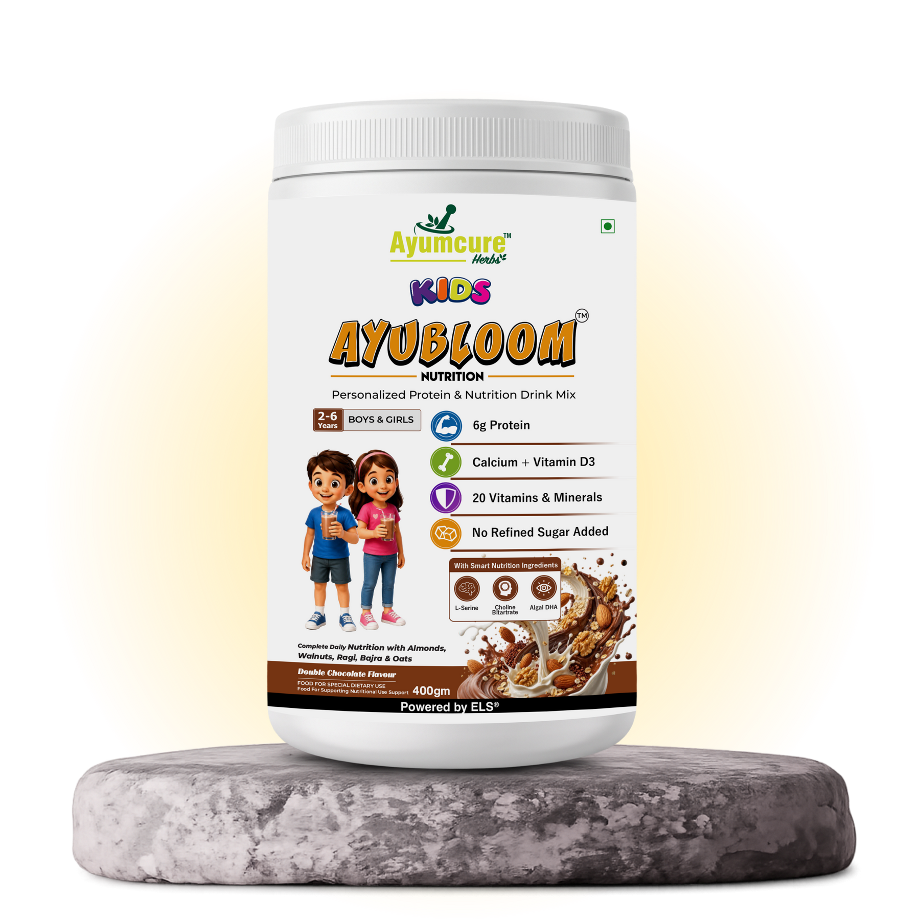 Ayumcure Kids AYUBLOOM Nutrition Drink Powder | No Refined Sugar Added | 6g Protein Per Serving | With DHA, Wellmune, Choline & L-Serine | 13 Vitamins & 6 Minerals | Complete Daily Nutrition for Boys & Girls 2-6 Years