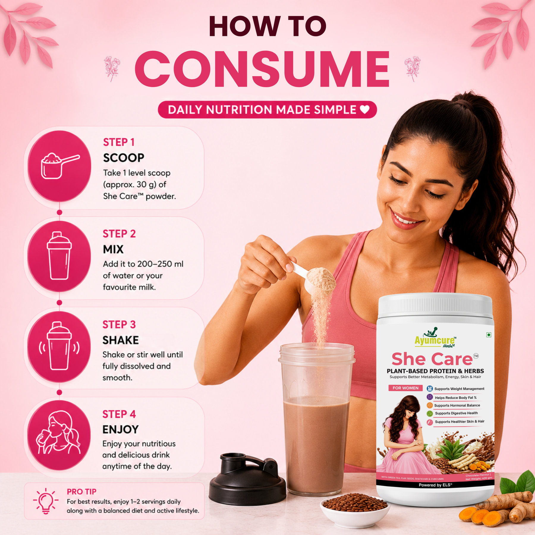 She Care Plant-Based Protein Powder & Herbs for Women | Supports Weight Management, Hormonal Balance, Metabolism & Digestive Health | With Green Tea, Flax Seeds, Shatavari & Curcumin | Chocolate Flavour | 400g