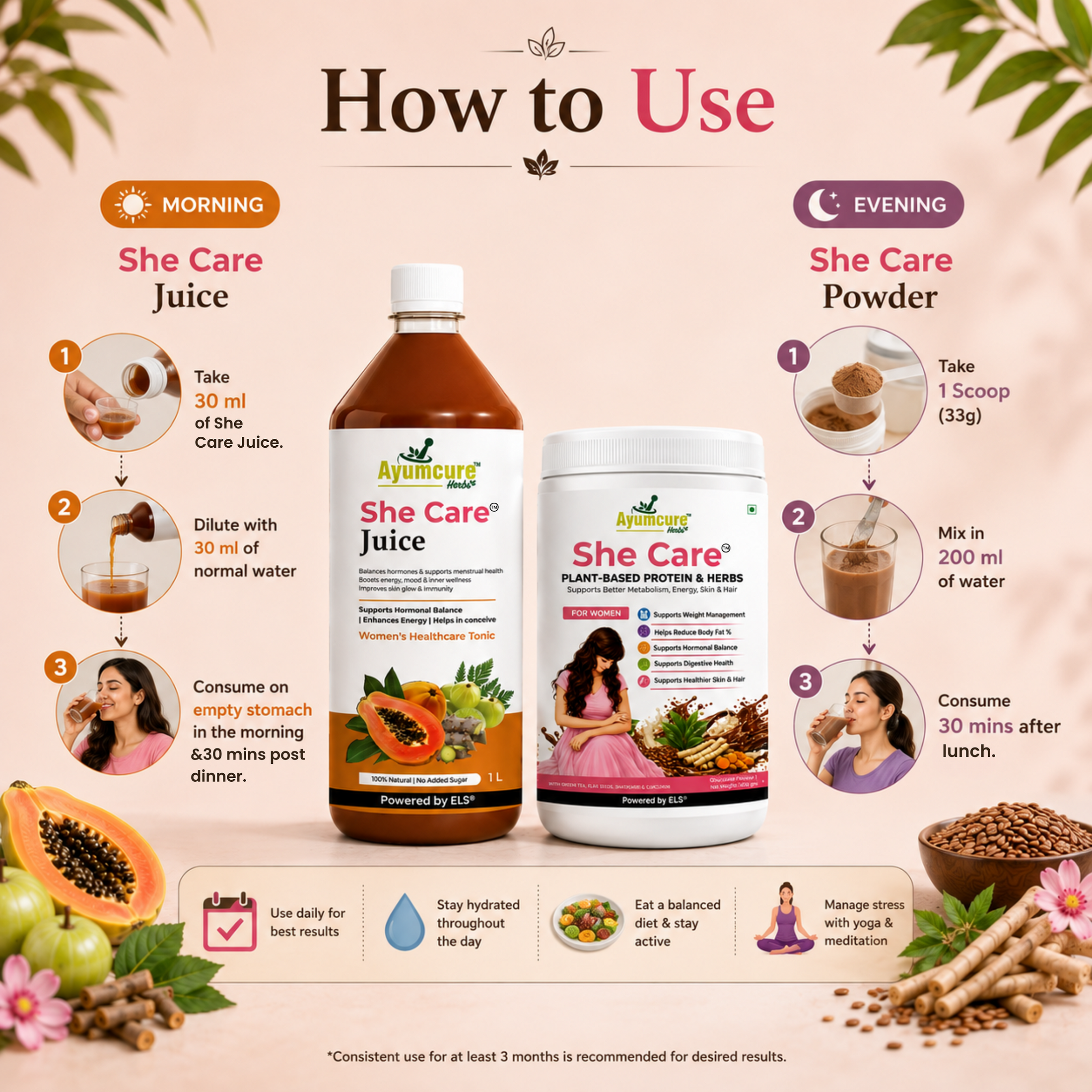 She Care Women’s Wellness Combo | Plant-Based Protein Powder 400 g + Ayurvedic Herbal Juice 1 L | Daily Nutrition, Hormonal Wellness & Monthly Comfort Support