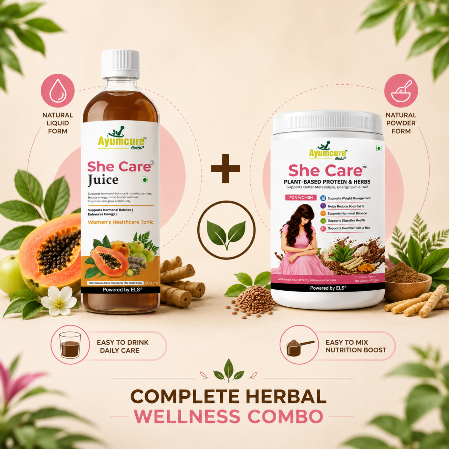 She Care Women’s Wellness Combo | Plant-Based Protein Powder 400 g + Ayurvedic Herbal Juice 500 ml | Daily Nutrition, Hormonal Wellness & Monthly Comfort Support