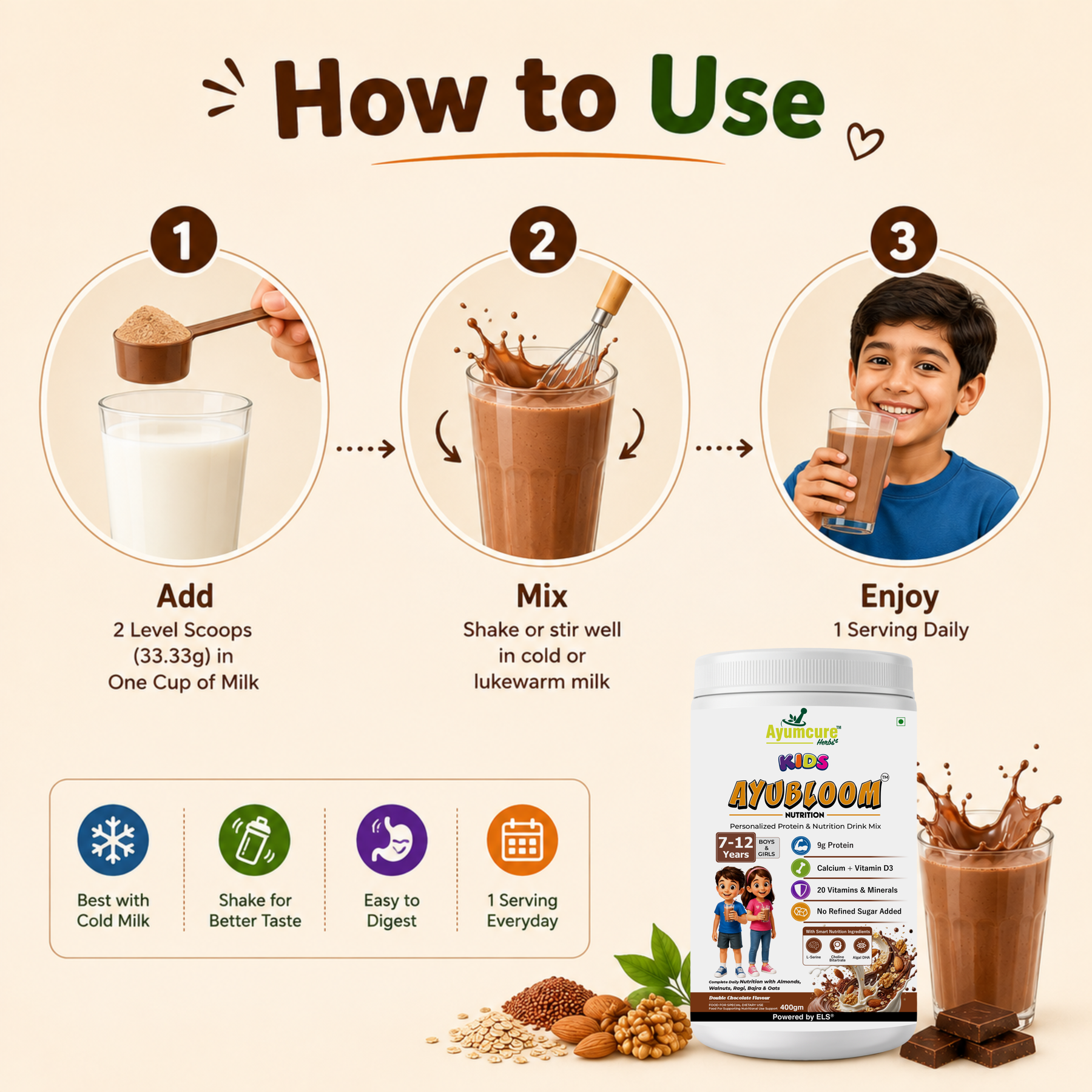 Kids AYUBLOOM Nutrition Drink Powder |  Complete Daily Nutrition for Boys & Girls 7-12 Years