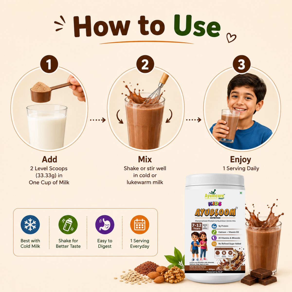 Kids AYUBLOOM Nutrition Drink Powder |  Complete Daily Nutrition for Boys & Girls 7-12 Years