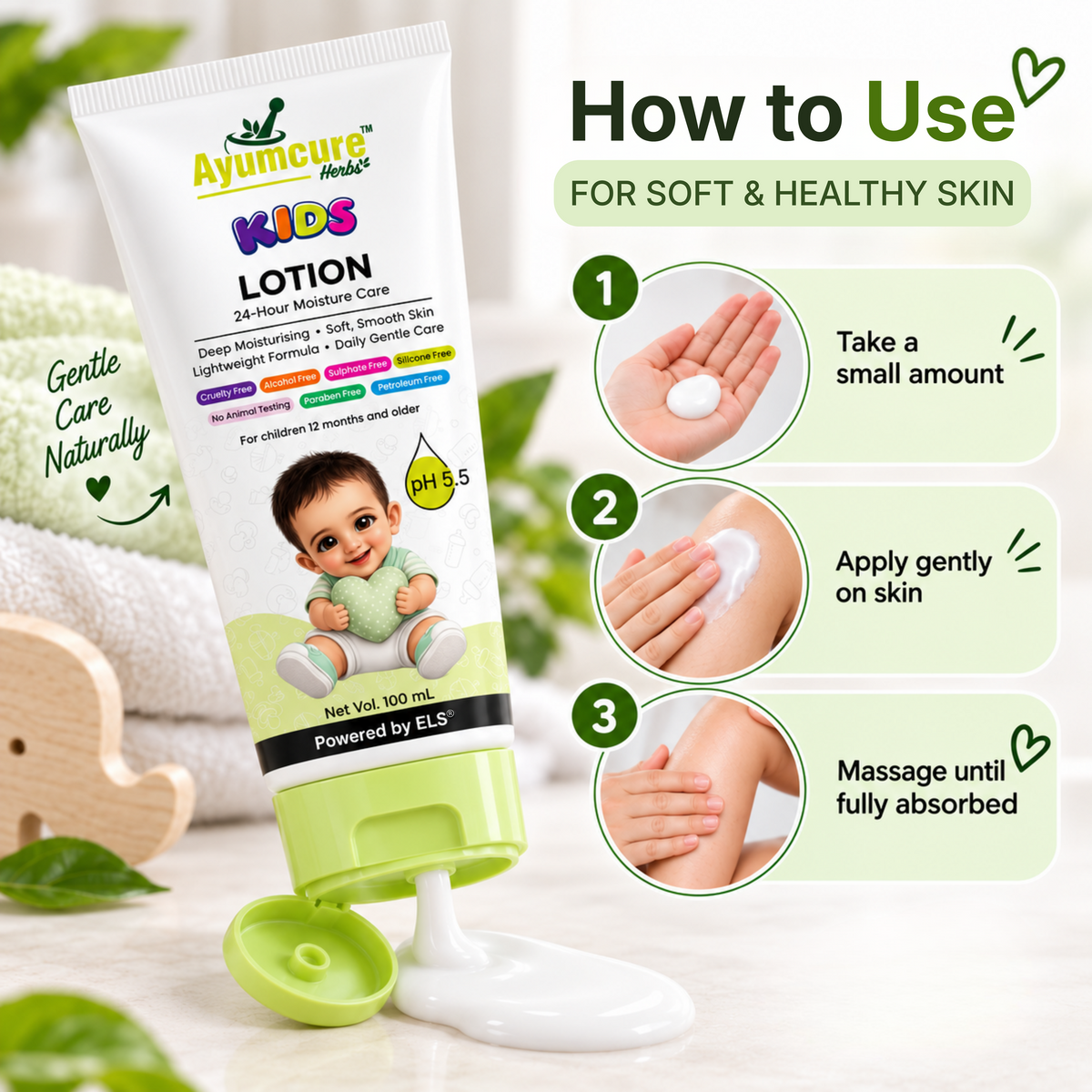 Ayumcure Herbs Kids 24-Hour Moisture Lotion | Sulphate, Paraben & Silicone Free | Ayurvedic with Aloe Vera, Kokum Butter & Almond Oil | Lightweight Daily Moisturiser | 100ml