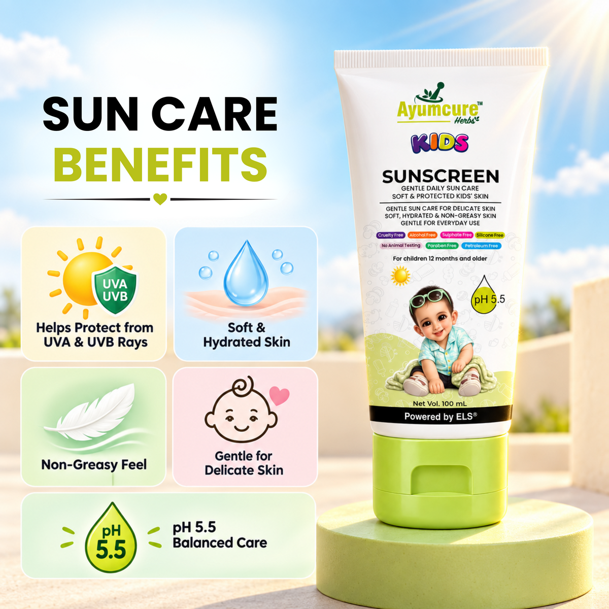 Ayumcure Herbs Kids Sunscreen SPF 30 PA+++ | Gentle Daily Sun Care | Ayurvedic with Aloe Vera, Calendula & Shea Butter | Soft, Hydrated & Non-Greasy Skin | 100ml