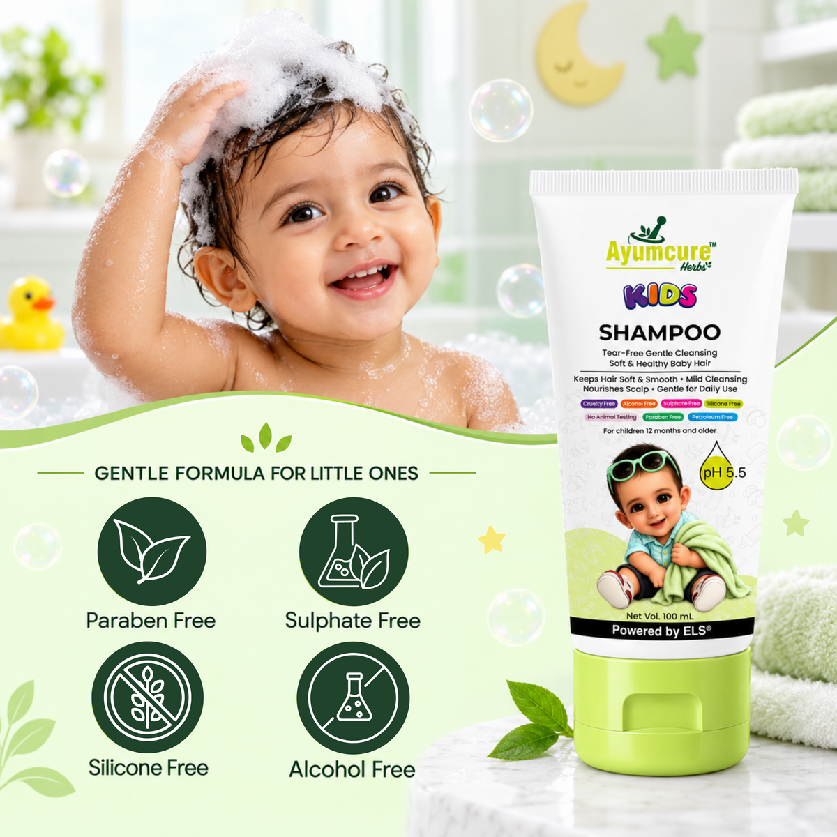 Ayumcure Herbs Kids Tear-Free Shampoo | Sulphate, Paraben & Silicone Free | Ayurvedic with Aloe Vera, Neem, Shikakai & Amla | Gentle Daily Baby Hair Cleanser | 100ml