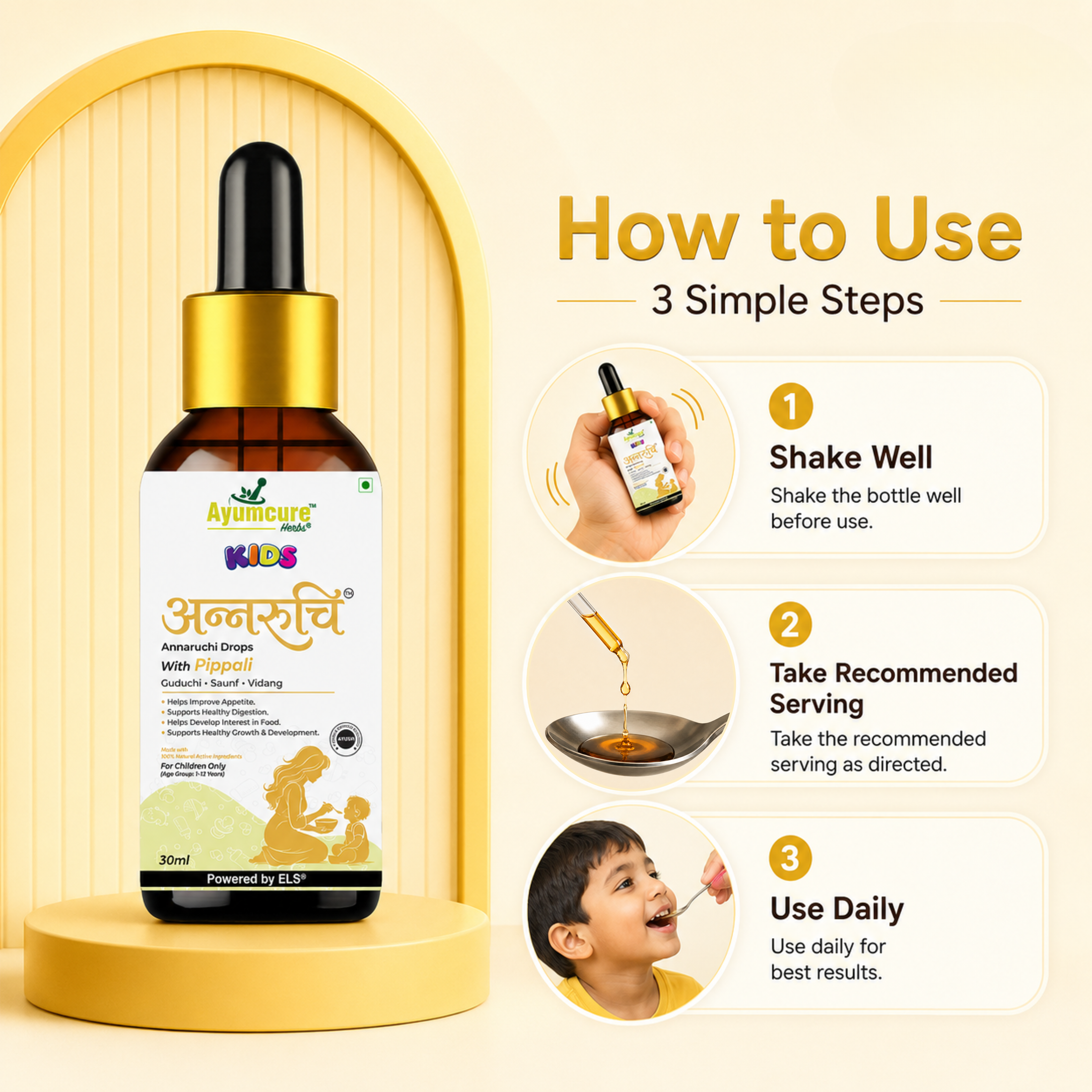 Ayumcure Kids Annaruchi Drops | Ayurvedic Appetite & Digestive Support for Children 1-12 Years | With Pippali, Guduchi, Saunf, Vidang, Kutki & Amla | Helps Improve Appetite, Supports Healthy Digestion, Nutrient Absorption & Healthy Growth | 30ml