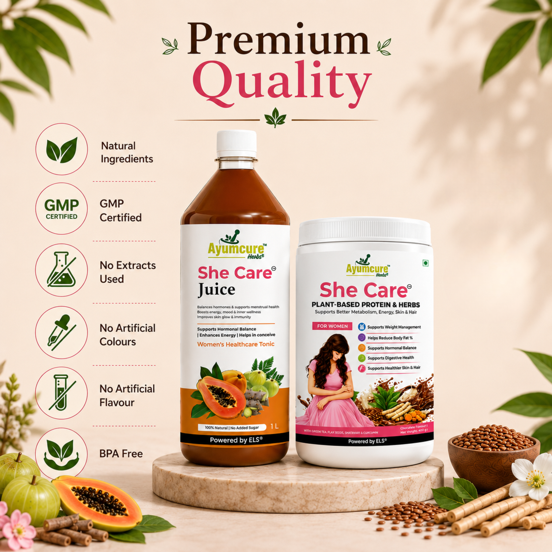 She Care Women’s Wellness Combo | Plant-Based Protein Powder 400 g + Ayurvedic Herbal Juice 1 L | Daily Nutrition, Hormonal Wellness & Monthly Comfort Support