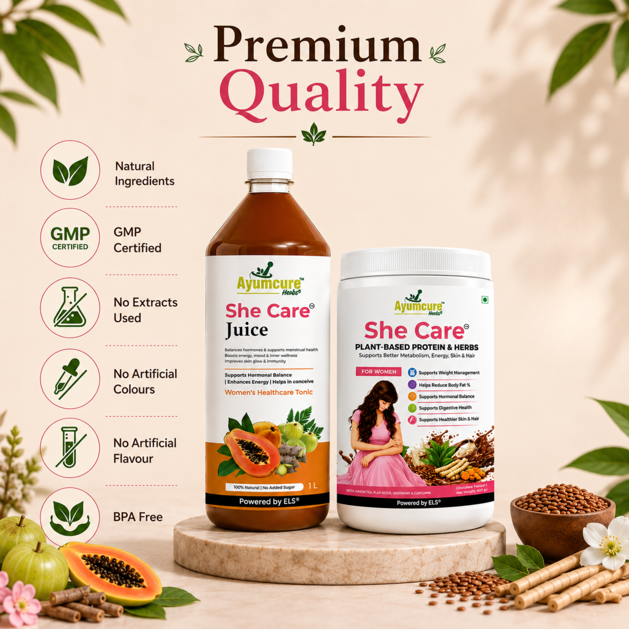 She Care Women’s Wellness Combo | Plant-Based Protein Powder 400 g + Ayurvedic Herbal Juice 1 L | Daily Nutrition, Hormonal Wellness & Monthly Comfort Support