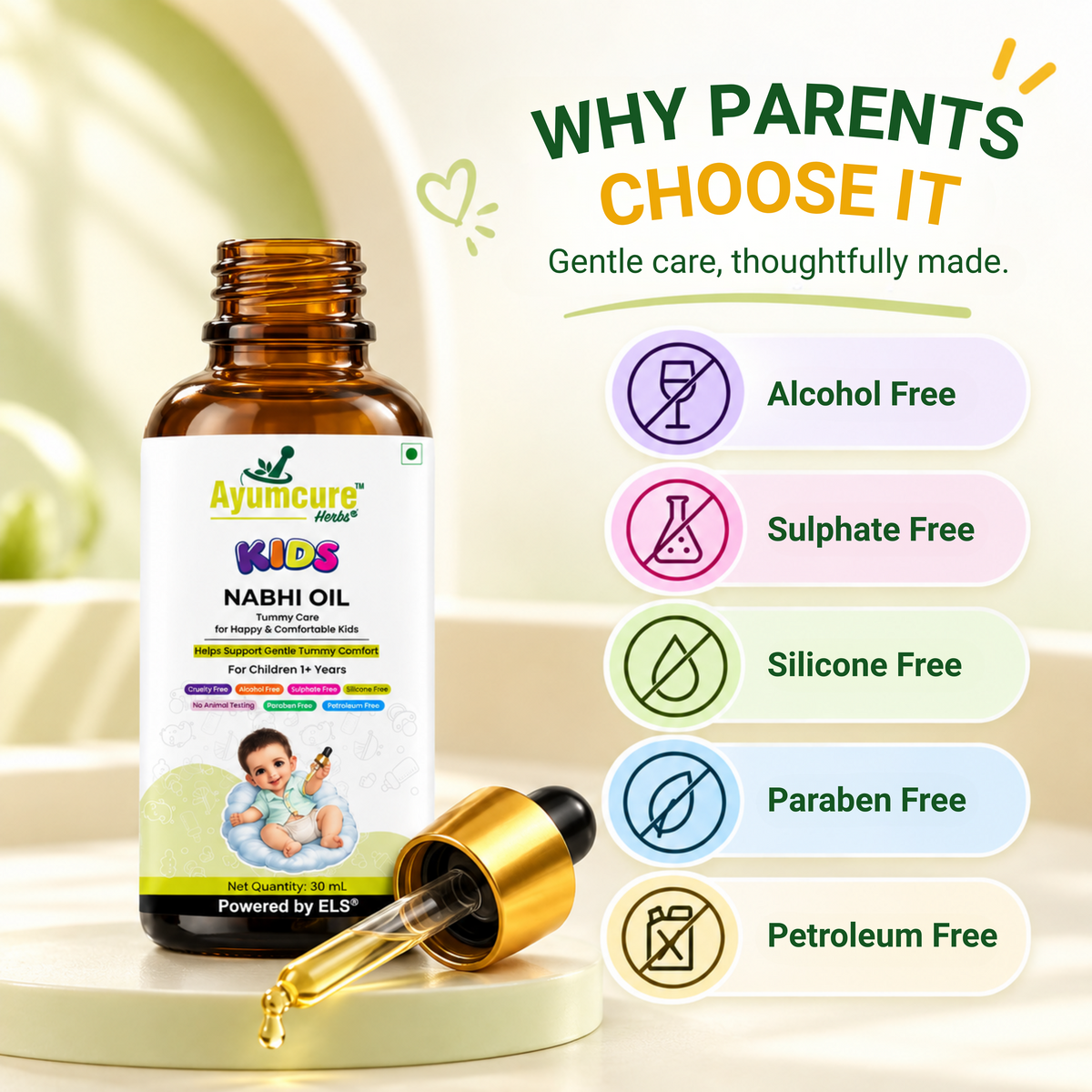 Ayumcure Herbs Kids Nabhi Oil | Ayurvedic Tummy Massage Oil | Coconut, Almond, Ajwain & Fennel | Gentle Navel Massage Care for Kids | 30ml