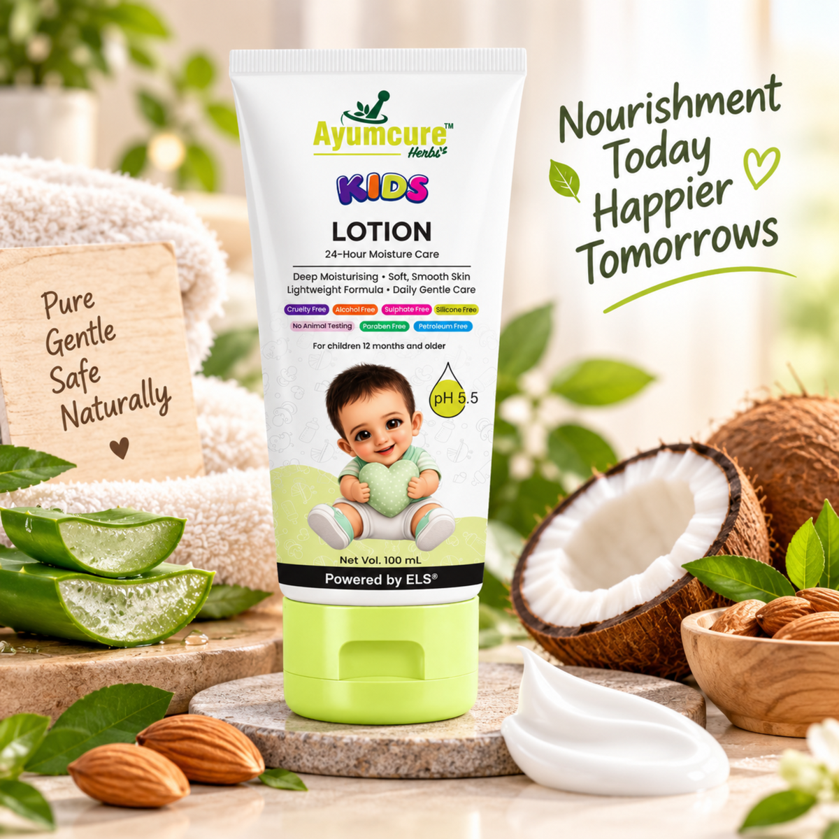 Ayumcure Herbs Kids 24-Hour Moisture Lotion | Sulphate, Paraben & Silicone Free | Ayurvedic with Aloe Vera, Kokum Butter & Almond Oil | Lightweight Daily Moisturiser | 100ml
