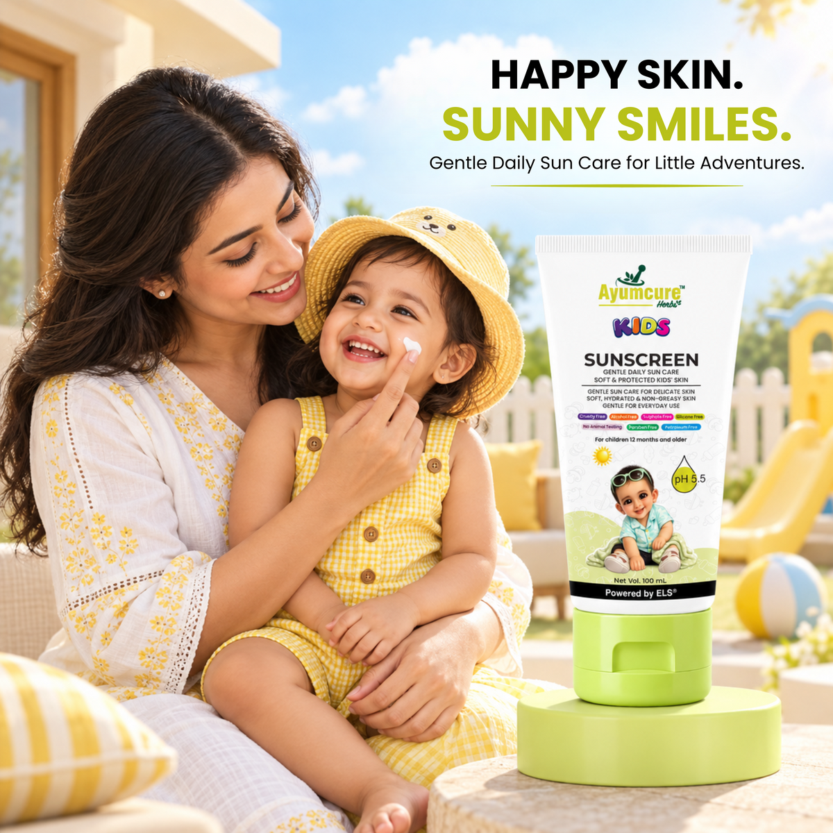 Ayumcure Herbs Kids Sunscreen SPF 30 PA+++ | Gentle Daily Sun Care | Ayurvedic with Aloe Vera, Calendula & Shea Butter | Soft, Hydrated & Non-Greasy Skin | 100ml
