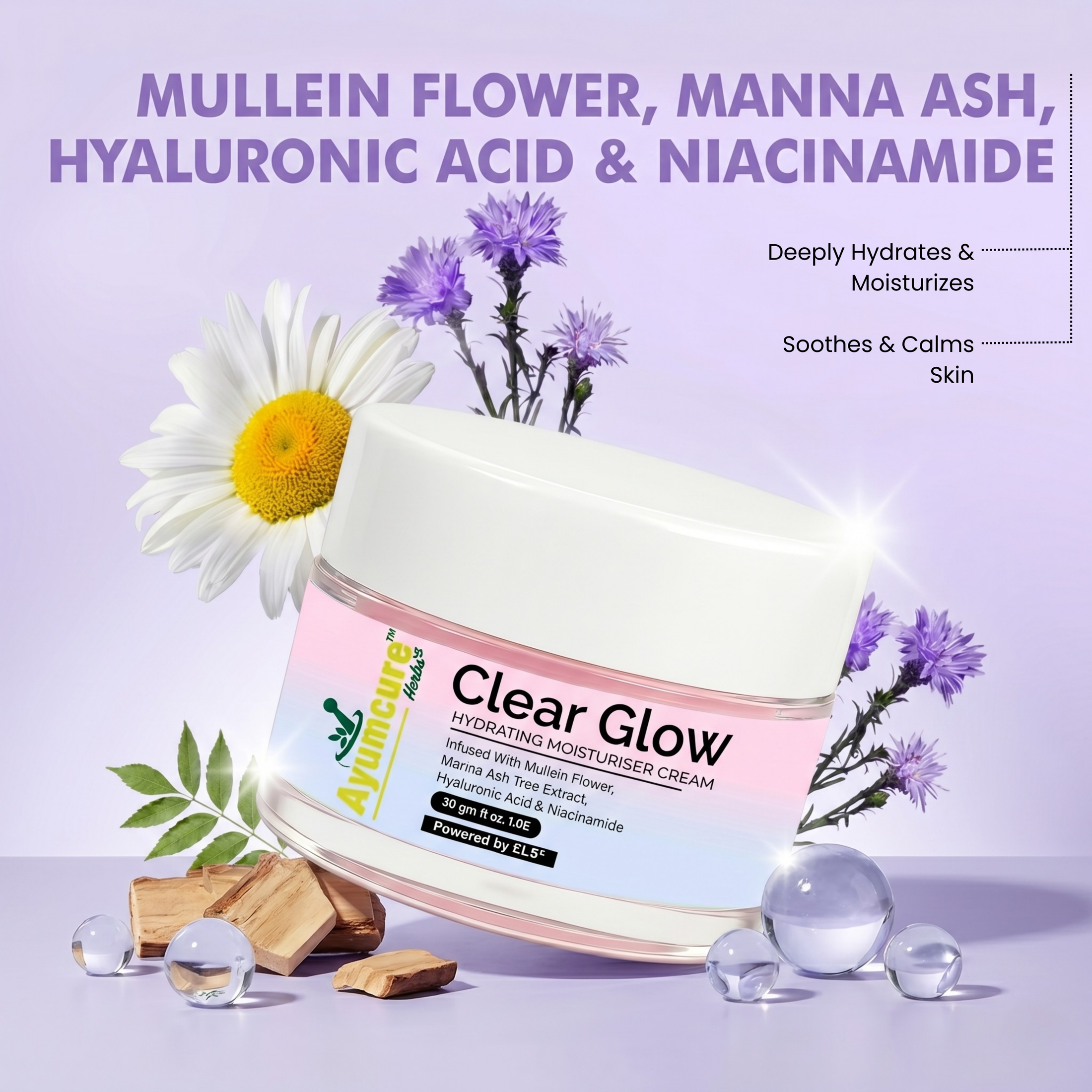 Clear Glow Korean Skin Hydrating Moisturiser Cream | Glass Glow Skin Formula with Hyaluronic Acid & Niacinamide | Infused with Mullein Flower & Manna Ash Tree Extract | Deep Hydration Lightweight Daily Face Cream for Women & Men | 30 gm