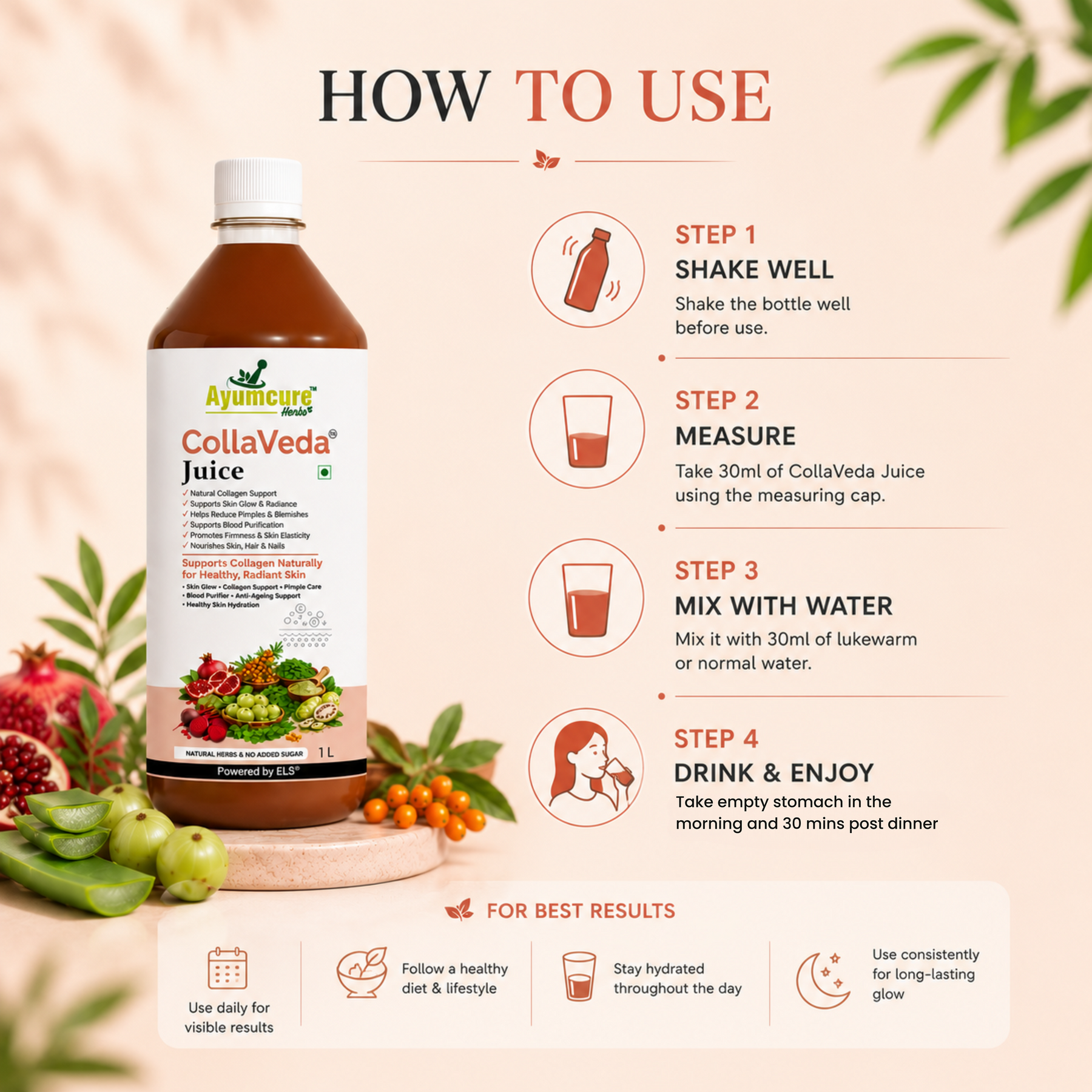 CollaVeda Juice | Korean Glass Skin Formula | 100% Herbal | Natural Collagen Support | Skin Glow & Radiance | For Men & Women | 1 Litre