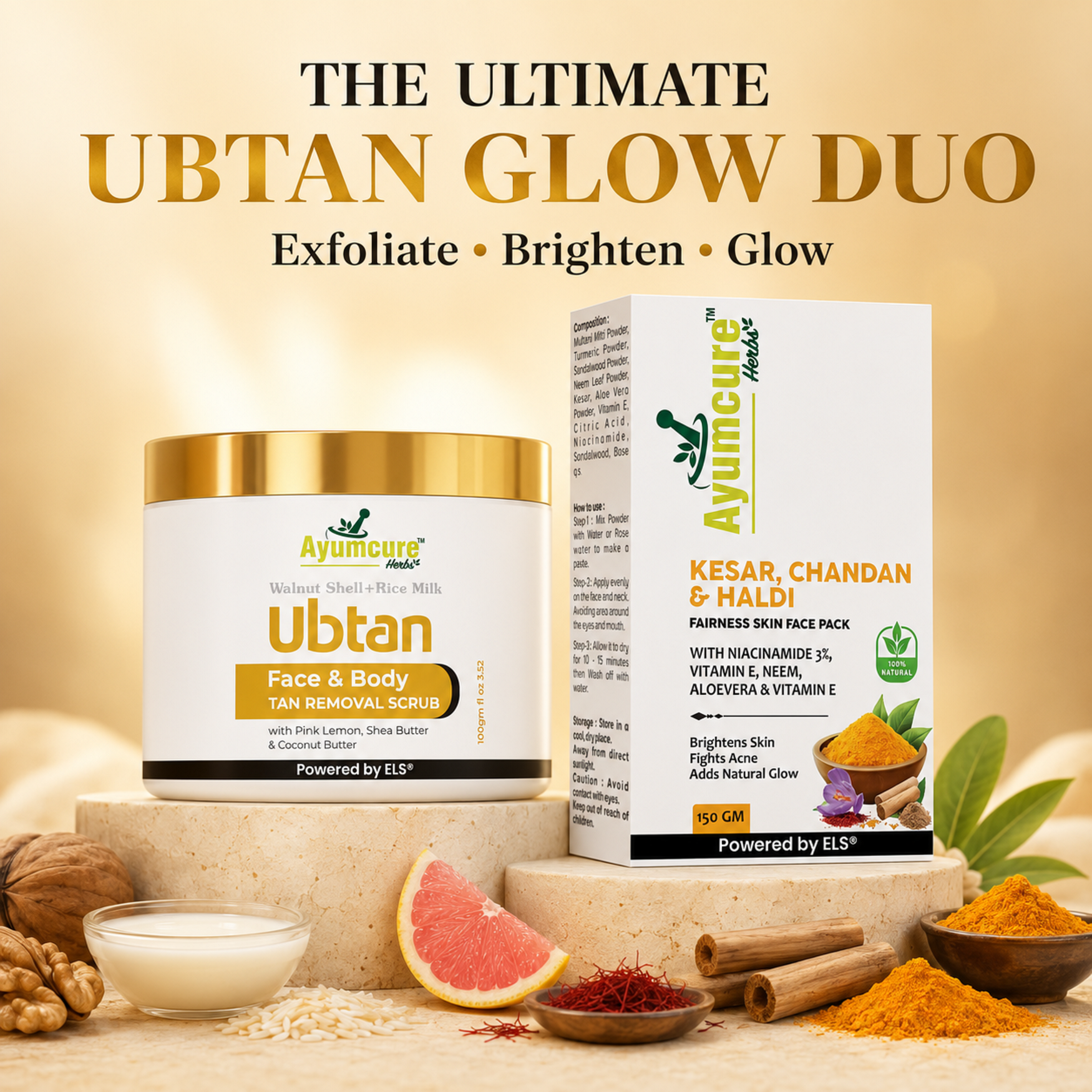 The Ubtan Glow Duo — Ubtan Tan Removal Scrub + Radiance Face Pack | Kesar & Chandan | Unisex