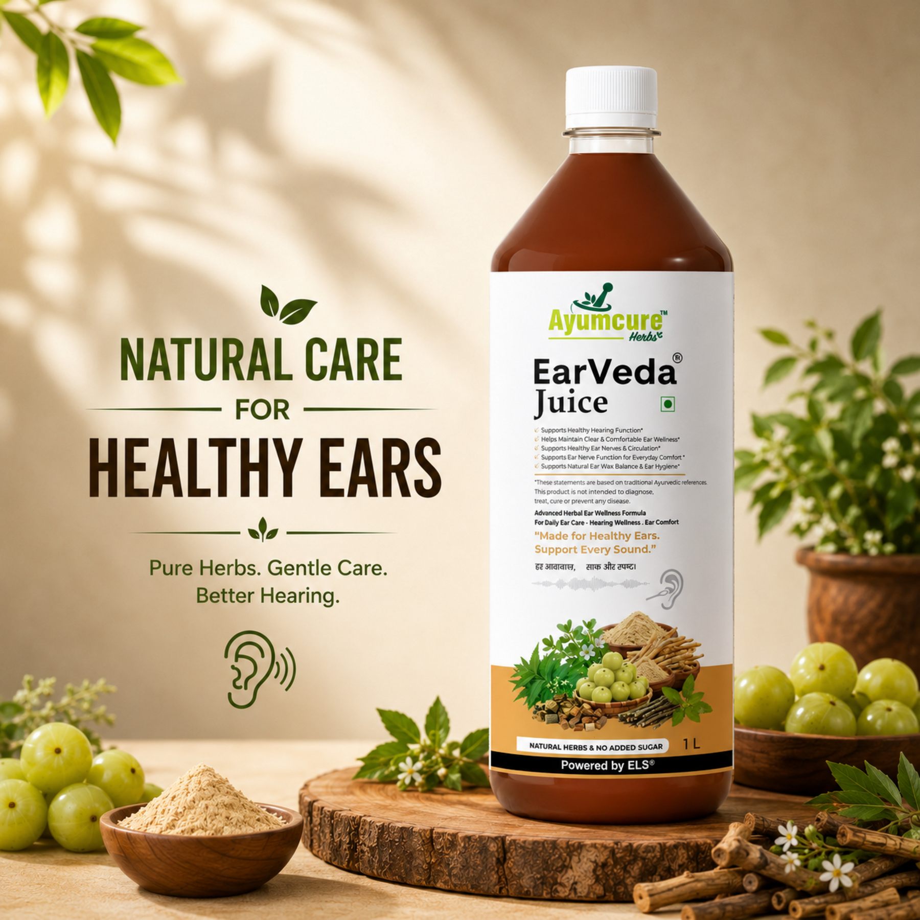 Ayumcure EarVeda Juice – Ayurvedic Ear Wellness Juice with | Supports Healthy Hearing, Ear Nerve Function & Circulation | Natural Herbs, No Added Sugar | 1L