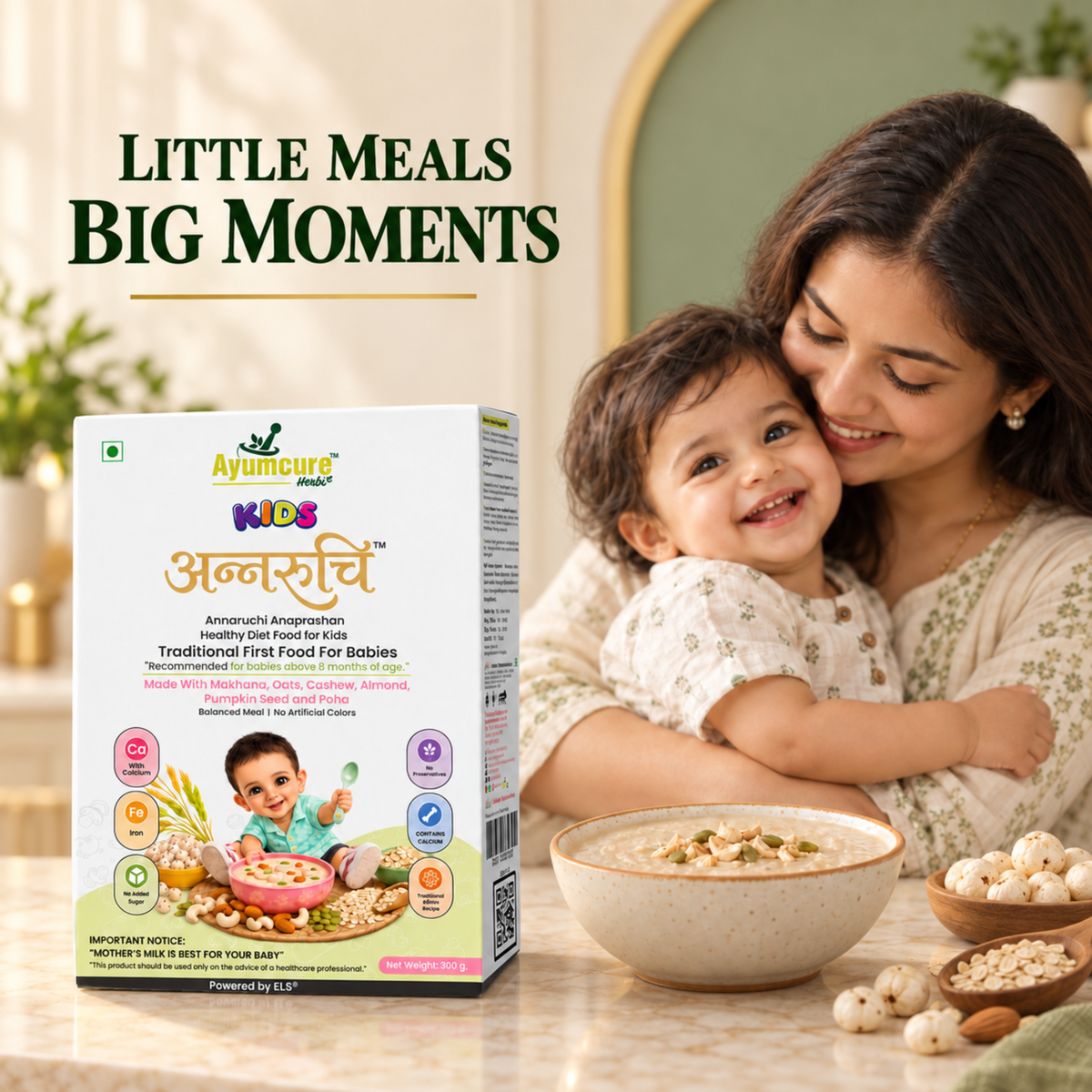 Ayumcure Kids Annaruchi Anaprashan | Healthy Diet Food for Kids | Traditional First Food for Babies | Made with Makhana, Oats, Cashew, Almond & Poha | No Added Sugar | 300g