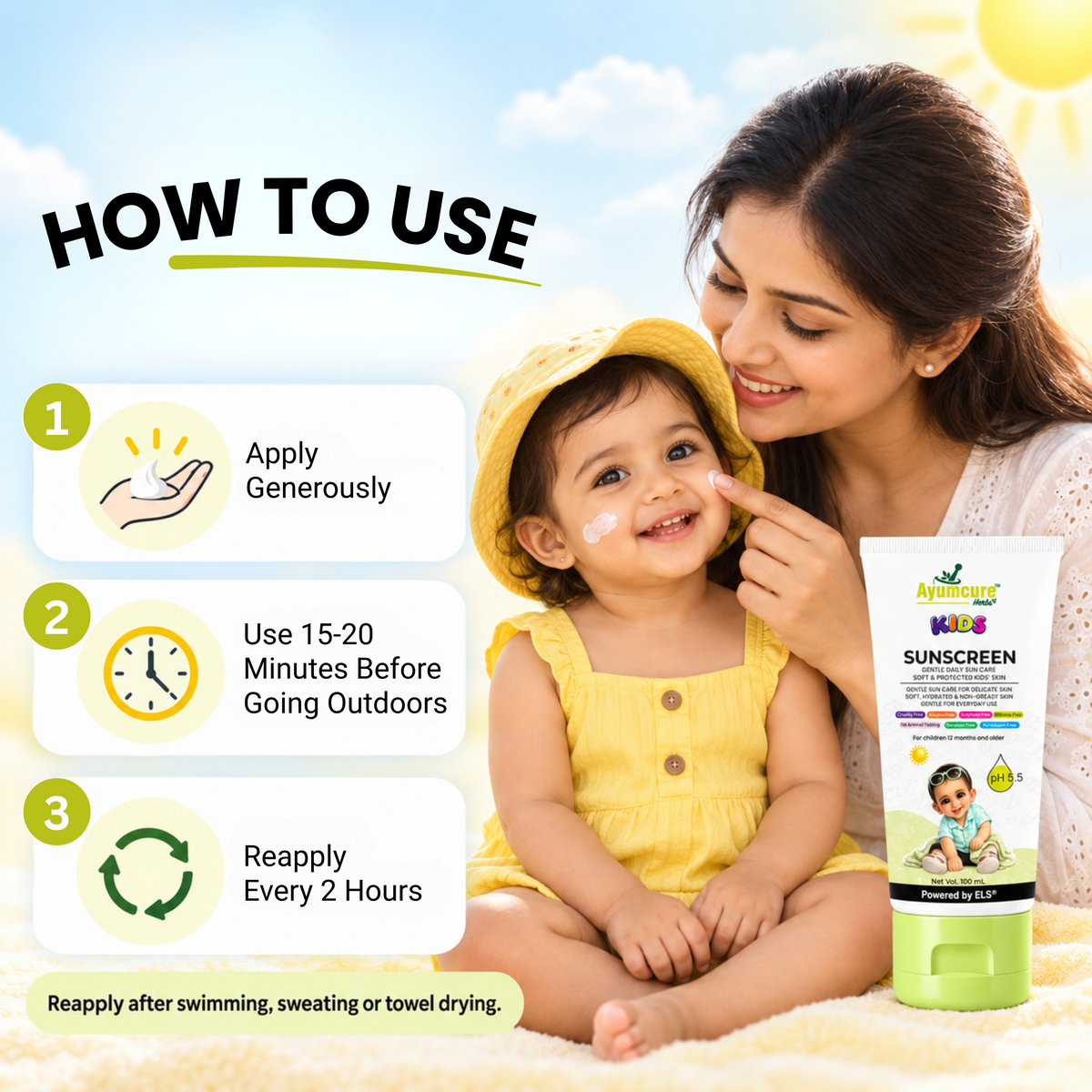 Ayumcure Herbs Kids Sunscreen SPF 30 PA+++ | Gentle Daily Sun Care | Ayurvedic with Aloe Vera, Calendula & Shea Butter | Soft, Hydrated & Non-Greasy Skin | 100ml