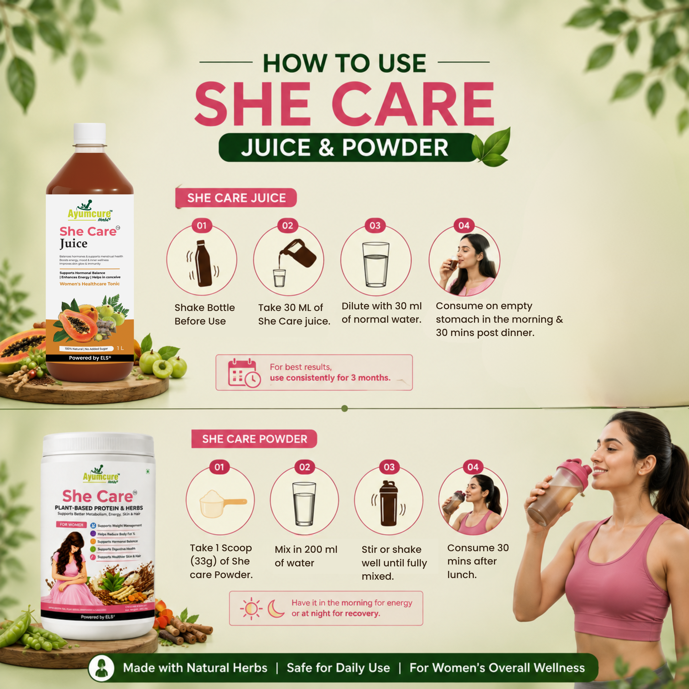 His & Her Wellness Combo | She Care Juice 1 L + HeCare Juice 1 L + Women’s Plant-Based Protein Powder 400 g, Chocolate Flavour |