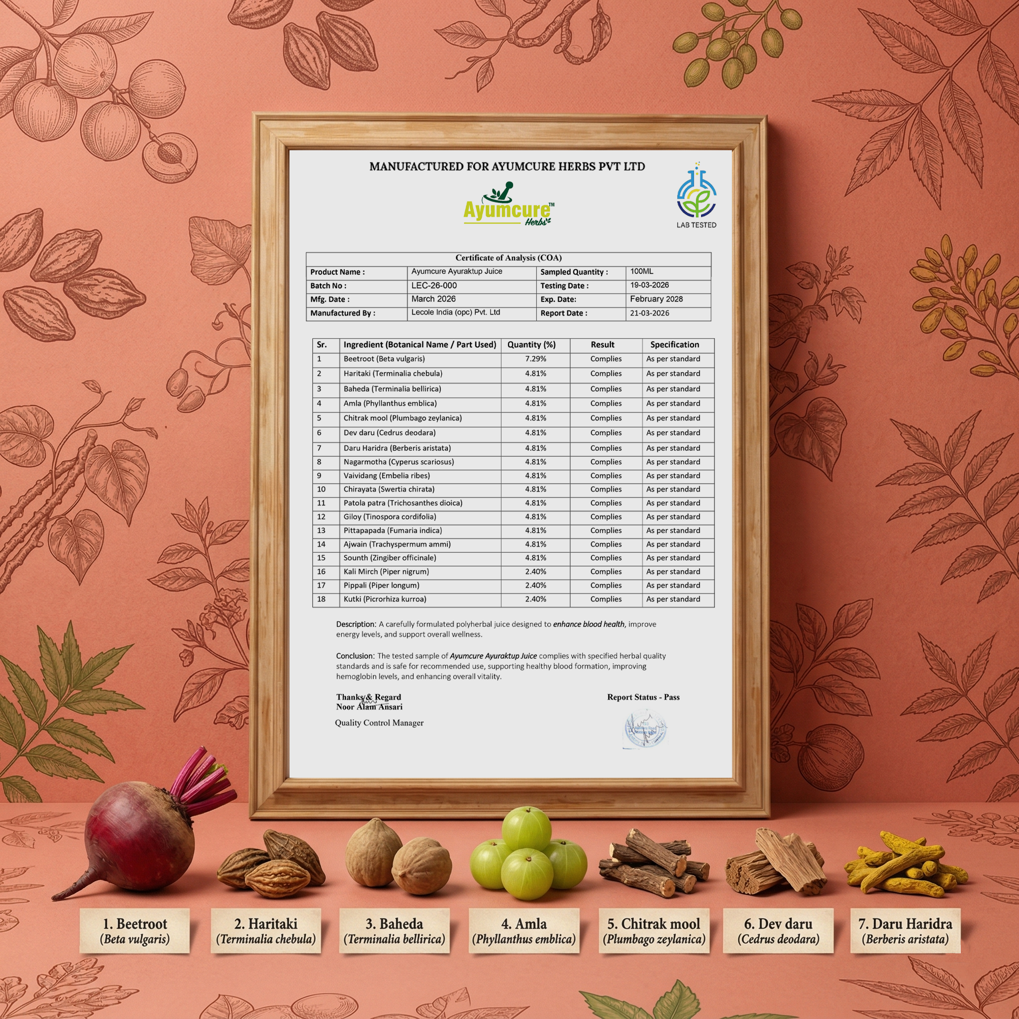 Ayumcure AyuRaktUp Juice | Ayurvedic Blood Health & Iron Support Tonic with 17+ Herbs | Supports Healthy Hemoglobin Levels, RBC Formation & Energy | Helps Reduce Fatigue | 100% Natural | For Men & Women | 1L