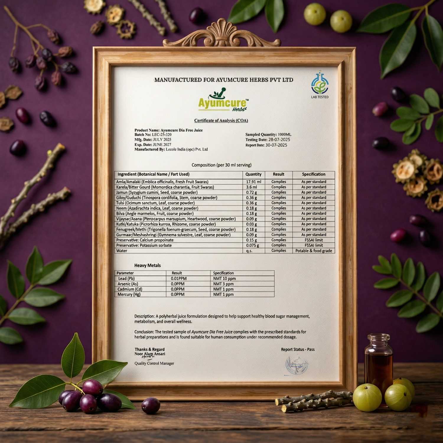 Dia Free Ayurvedic Juice | Amla, Karela, Jamun & Tulsi | Men & Women