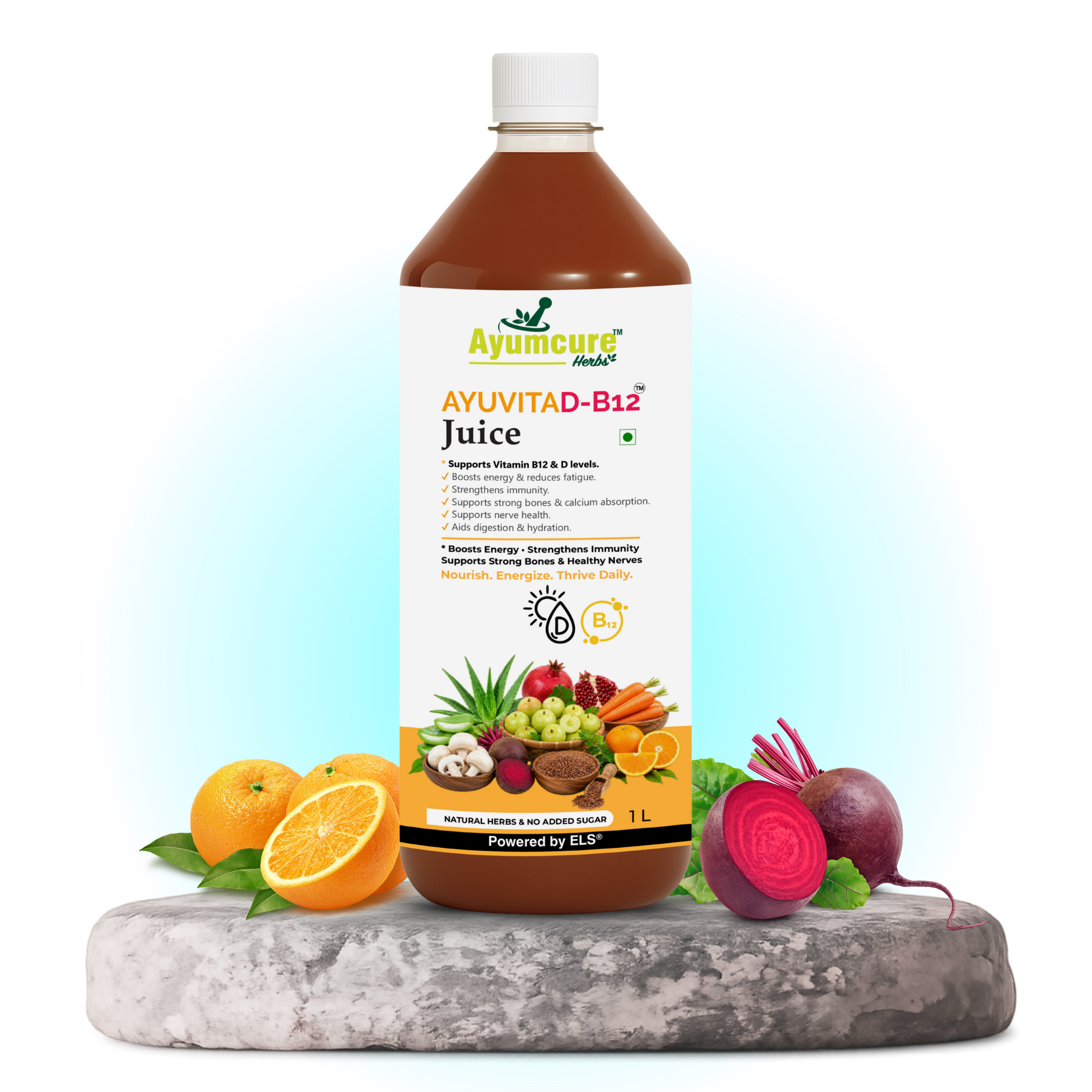 AYUVITAD-B12 Juice | Vitamin D3 & Vitamin B12 Support Formula | With Amla, Aloe Vera, Beetroot, Carrot, Mushroom, Flaxseed, Orange & Pomegranate | Supports Energy, Immunity, Bone Strength, Calcium Absorption & Nerve Health | No Added Sugar | 1 Litre