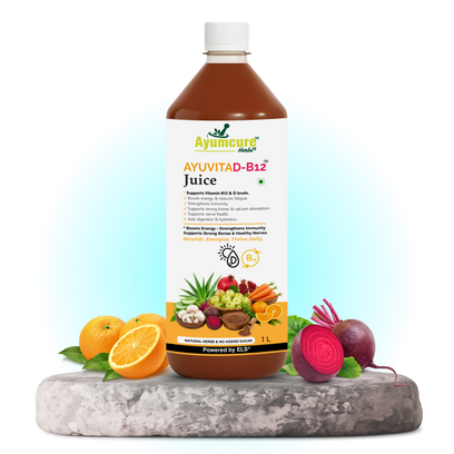 AYUVITAD-B12 Juice | Vitamin D3 & Vitamin B12 Support Formula | With Amla, Aloe Vera, Beetroot, Carrot, Mushroom, Flaxseed, Orange & Pomegranate | Supports Energy, Immunity, Bone Strength, Calcium Absorption & Nerve Health | No Added Sugar | 1 Litre
