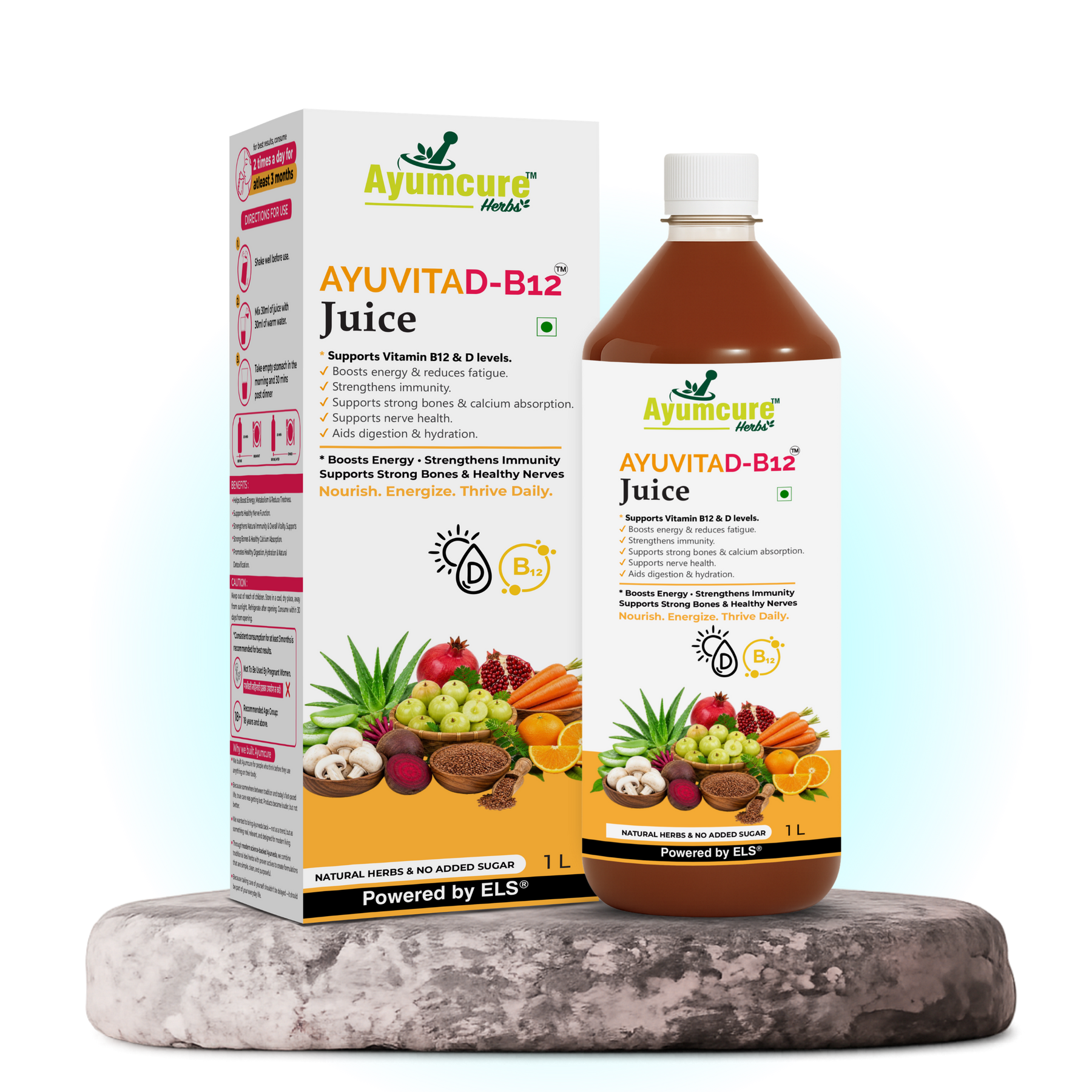 AYUVITAD-B12 Juice | Vitamin D3 & Vitamin B12 Support Formula | With Amla, Aloe Vera, Beetroot, Carrot, Mushroom, Flaxseed, Orange & Pomegranate | Supports Energy, Immunity, Bone Strength, Calcium Absorption & Nerve Health | No Added Sugar | 1 Litre