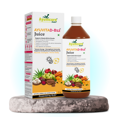 AYUVITAD-B12 Juice | Vitamin D3 & Vitamin B12 Support Formula | With Amla, Aloe Vera, Beetroot, Carrot, Mushroom, Flaxseed, Orange & Pomegranate | Supports Energy, Immunity, Bone Strength, Calcium Absorption & Nerve Health | No Added Sugar | 1 Litre