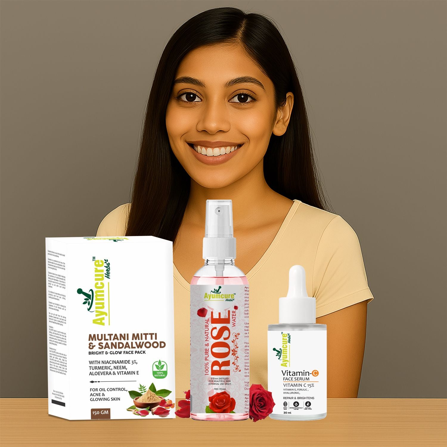 Instant Glow Combo: Multani Mitti + Rose Water + Vitamin C Serum | Men & Women