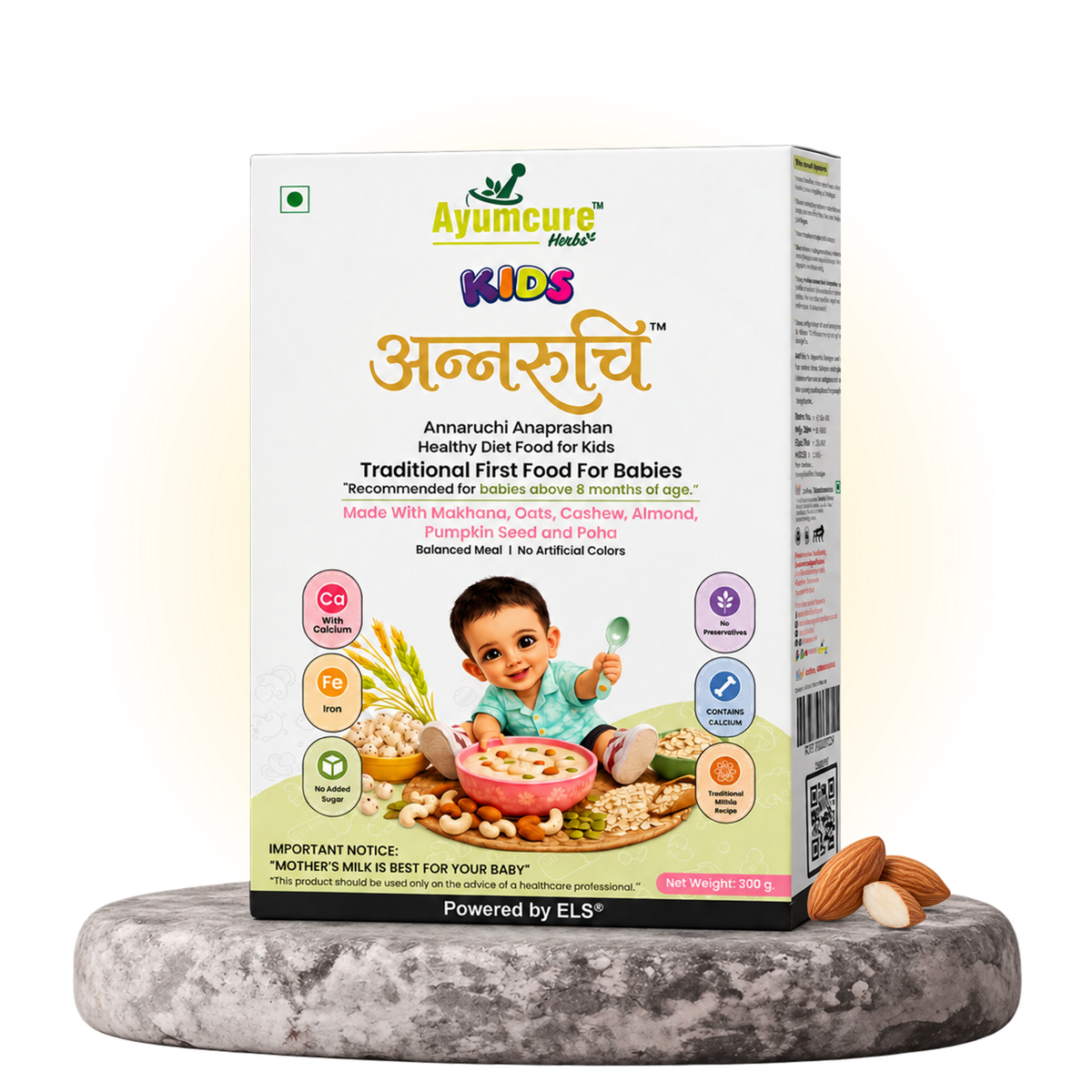 Ayumcure Kids Annaruchi Anaprashan | Healthy Diet Food for Kids | Traditional First Food for Babies | Made with Makhana, Oats, Cashew, Almond & Poha | No Added Sugar | 300g