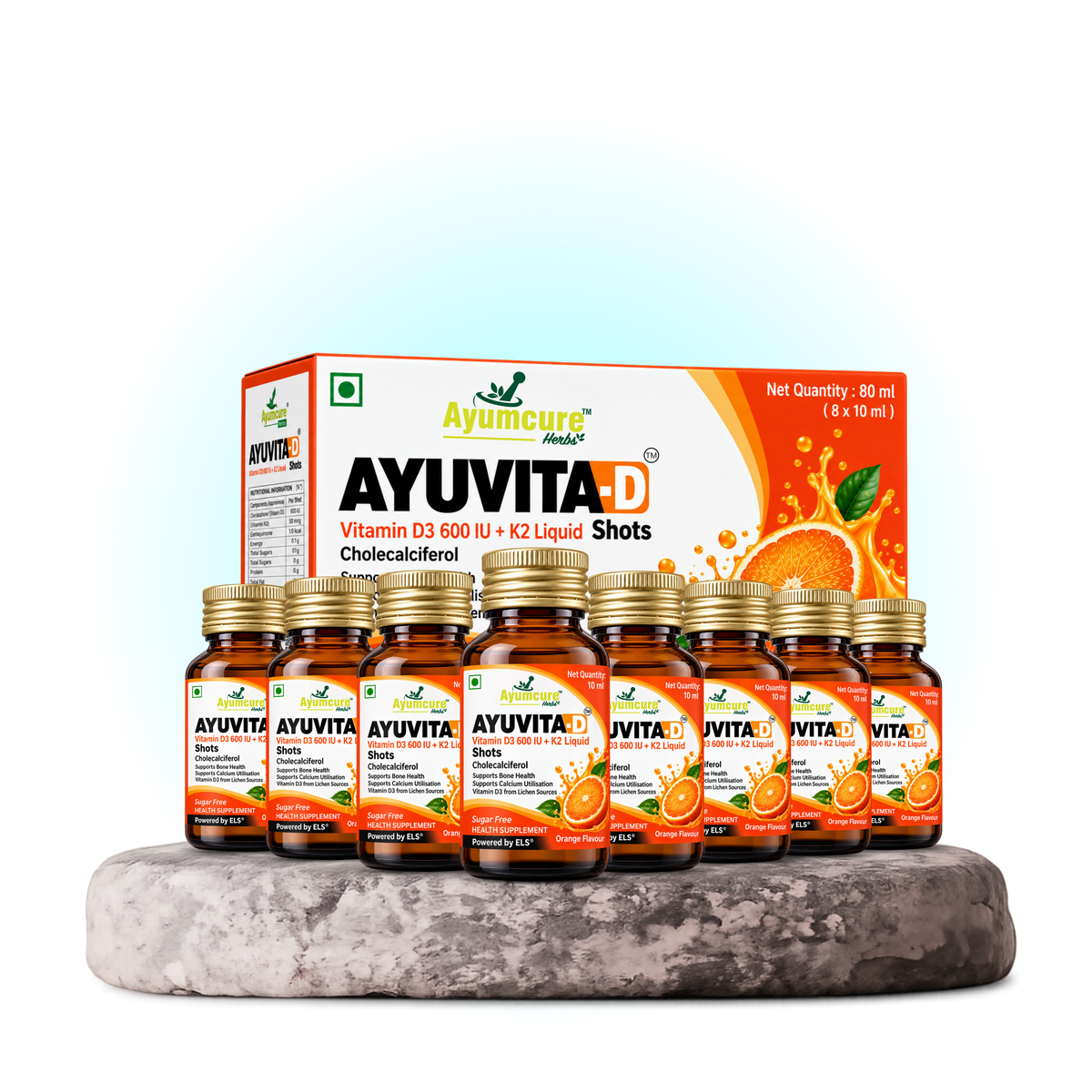 Ayumcure Ayuvita-D Vitamin D3 600 IU + K2 Liquid Shots | Sugar Free | Orange Flavour | 10ml × 8 Shots
