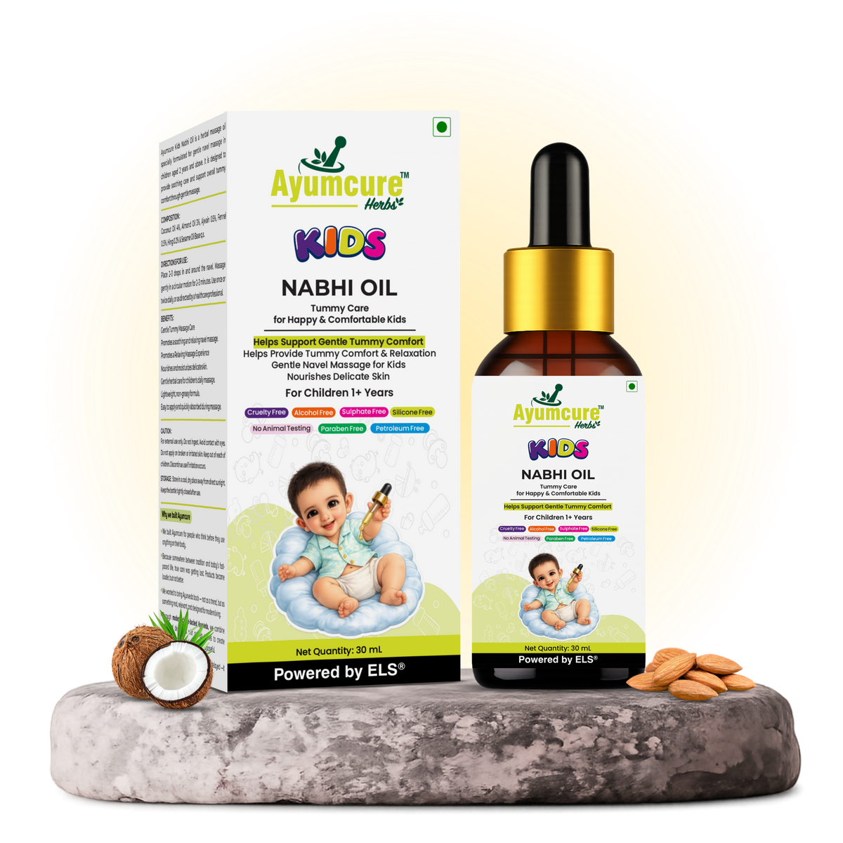 Ayumcure Herbs Kids Nabhi Oil | Ayurvedic Tummy Massage Oil | Coconut, Almond, Ajwain & Fennel | Gentle Navel Massage Care for Kids | 30ml