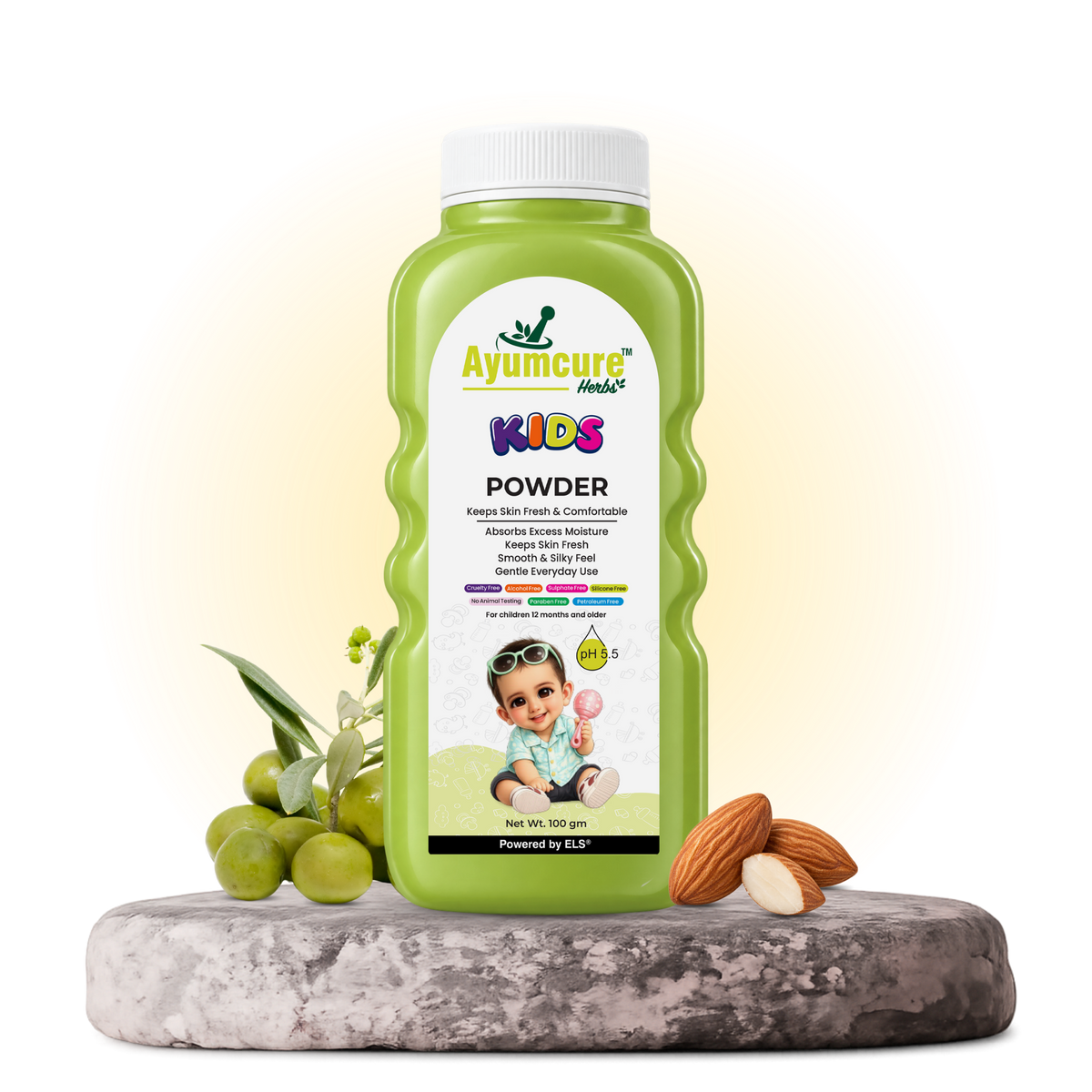 Ayumcure Herbs Kids Powder | Keeps Skin Fresh & Comfortable | Ayurvedic with Rice Starch, Neem & Vetiver | Absorbs Excess Moisture | 100gm