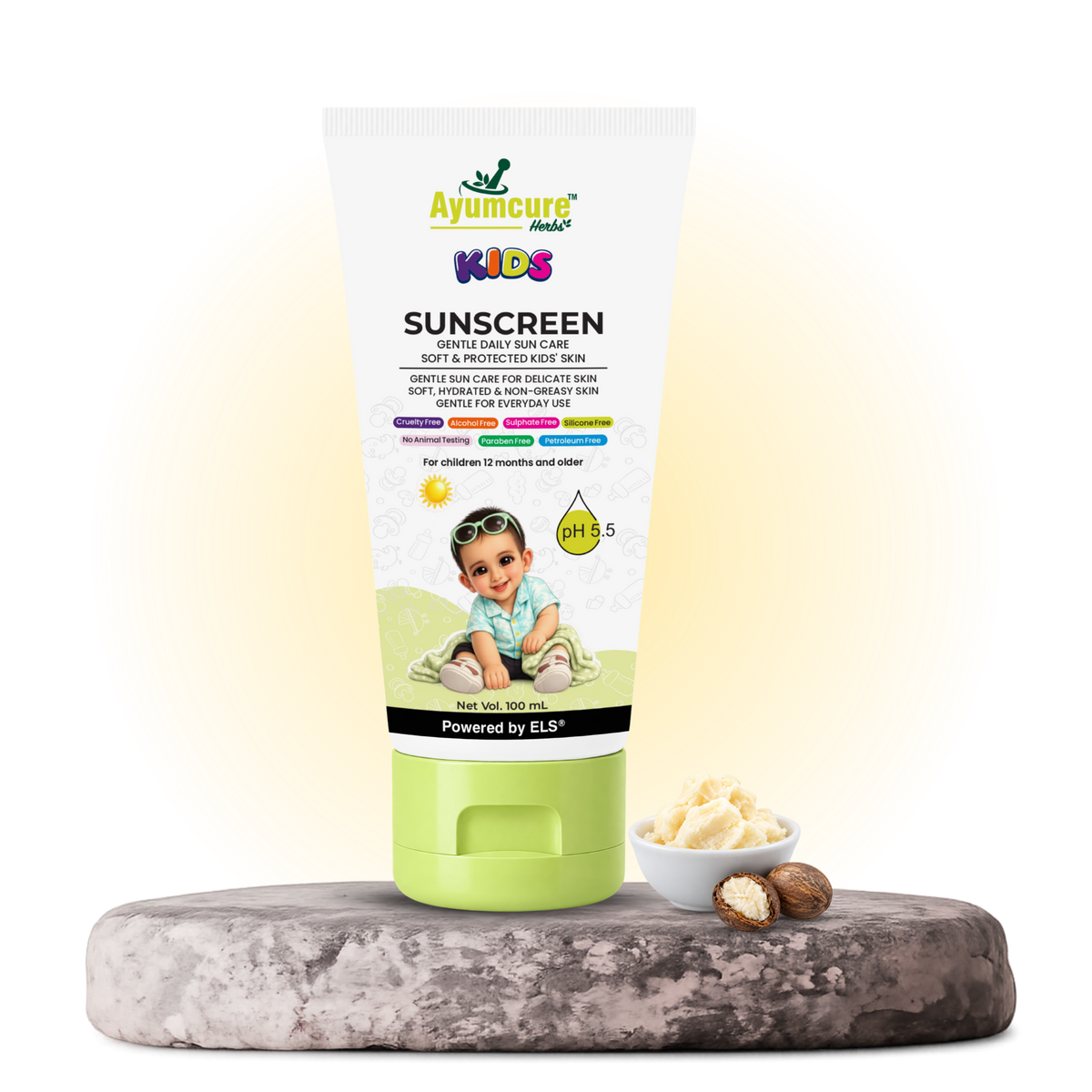 Ayumcure Herbs Kids Sunscreen SPF 30 PA+++ | Gentle Daily Sun Care | Ayurvedic with Aloe Vera, Calendula & Shea Butter | Soft, Hydrated & Non-Greasy Skin | 100ml