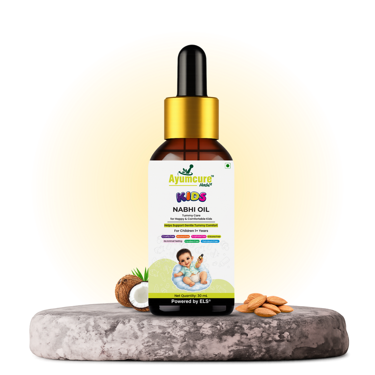 Ayumcure Herbs Kids Nabhi Oil | Ayurvedic Tummy Massage Oil | Coconut, Almond, Ajwain & Fennel | Gentle Navel Massage Care for Kids | 30ml
