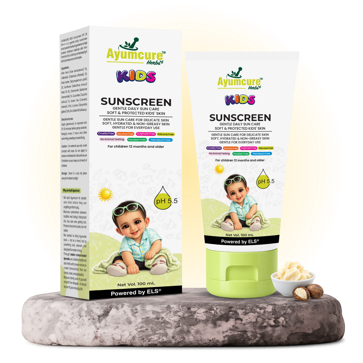 Ayumcure Herbs Kids Sunscreen SPF 30 PA+++ | Gentle Daily Sun Care | Ayurvedic with Aloe Vera, Calendula & Shea Butter | Soft, Hydrated & Non-Greasy Skin | 100ml