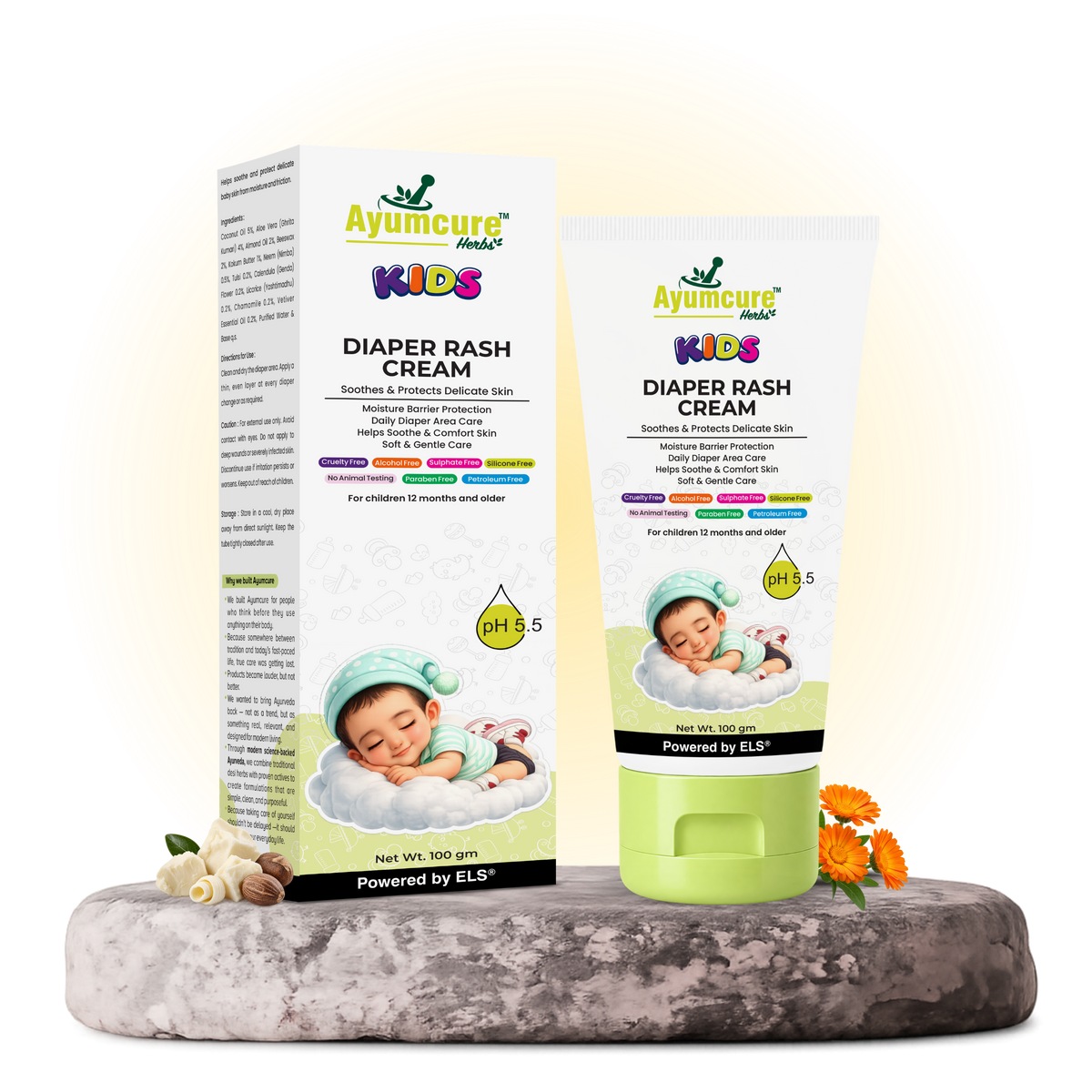 Ayumcure Herbs Kids Diaper Rash Cream | Soothes & Protects Delicate Skin | Ayurvedic with Coconut Oil, Aloe Vera & Kokum Butter | Moisture Barrier Protection | 100gm