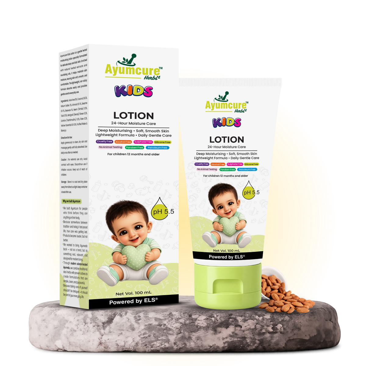 Ayumcure Herbs Kids 24-Hour Moisture Lotion | Sulphate, Paraben & Silicone Free | Ayurvedic with Aloe Vera, Kokum Butter & Almond Oil | Lightweight Daily Moisturiser | 100ml