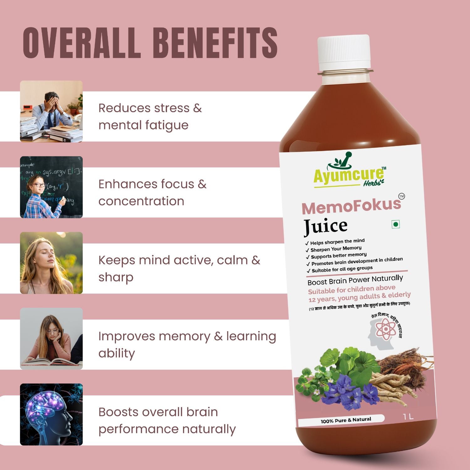 MemoFokus Ayurvedic Brain & Memory Support Juice | 11+ Herbs | Men & Women