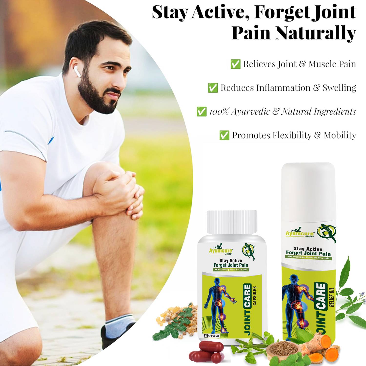 Joint Care Combo: Herbal Capsules + Pain Relief Oil | Flexibility | Men & Women