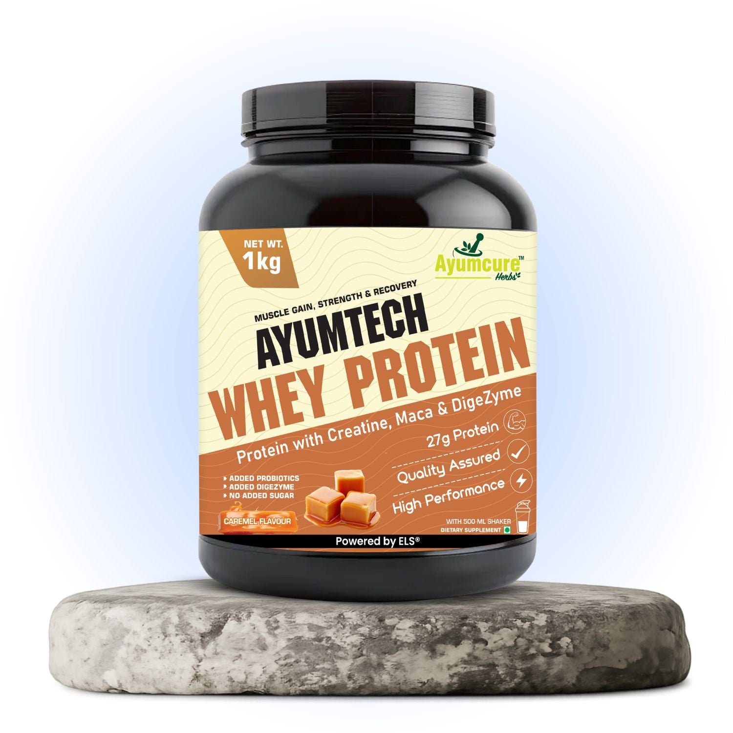 Whey Protein | 27g Protein + Creatine & Maca | Caramel | Muscle Gain | With Shaker