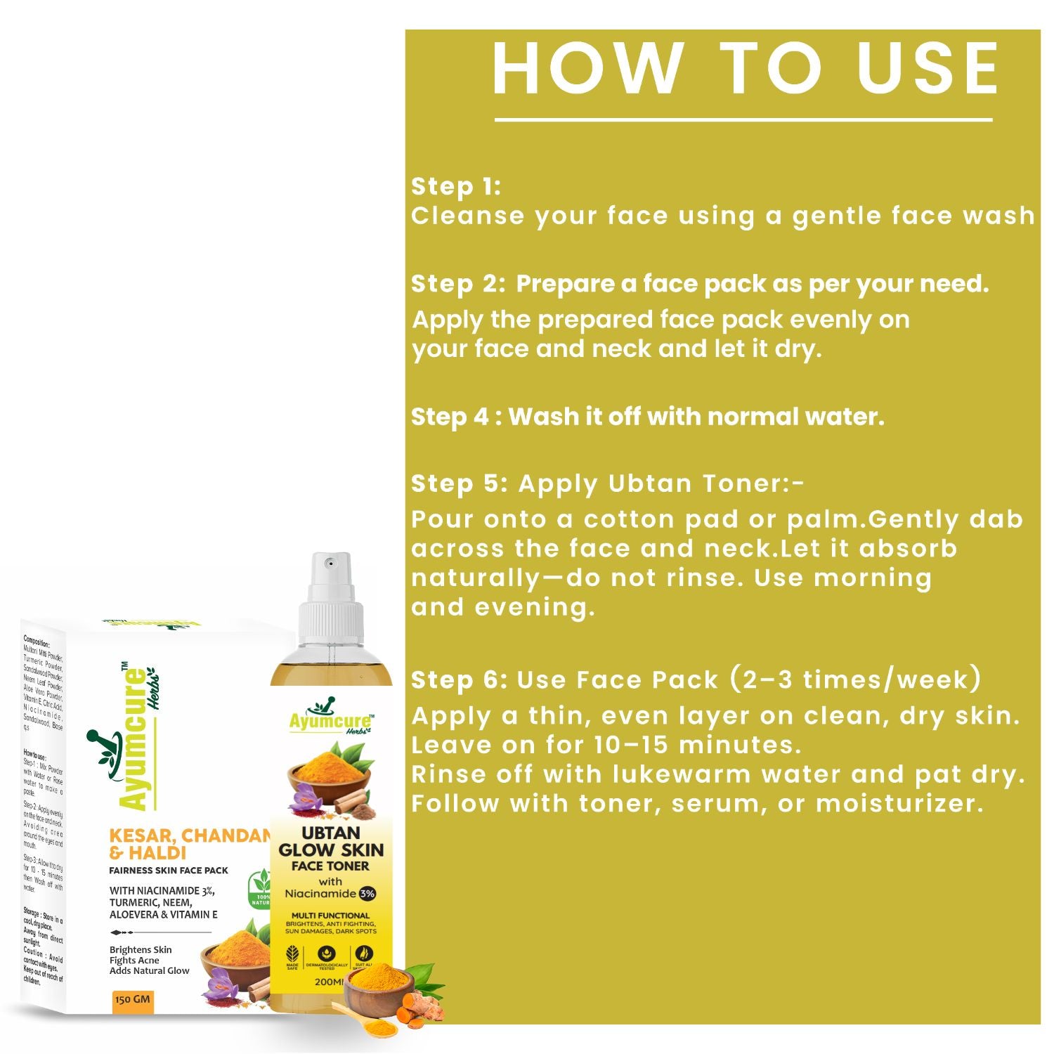 Ubtan Glow Toner + Radiance Face Pack | 3% Niacinamide, Kesar & Haldi | Men & Women