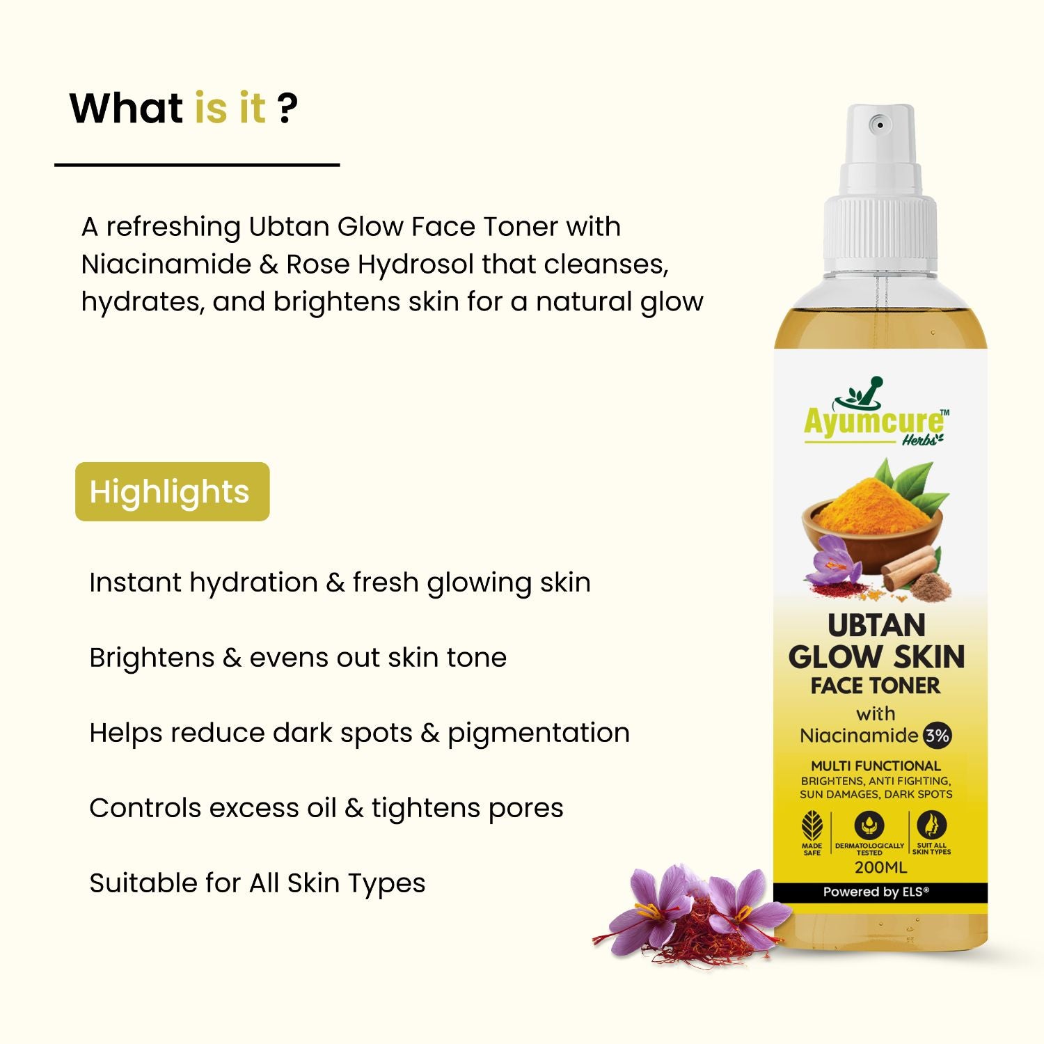 Ubtan Glow Toner | 3% Niacinamide, Saffron & Chandan | Brightening | All Skin Types