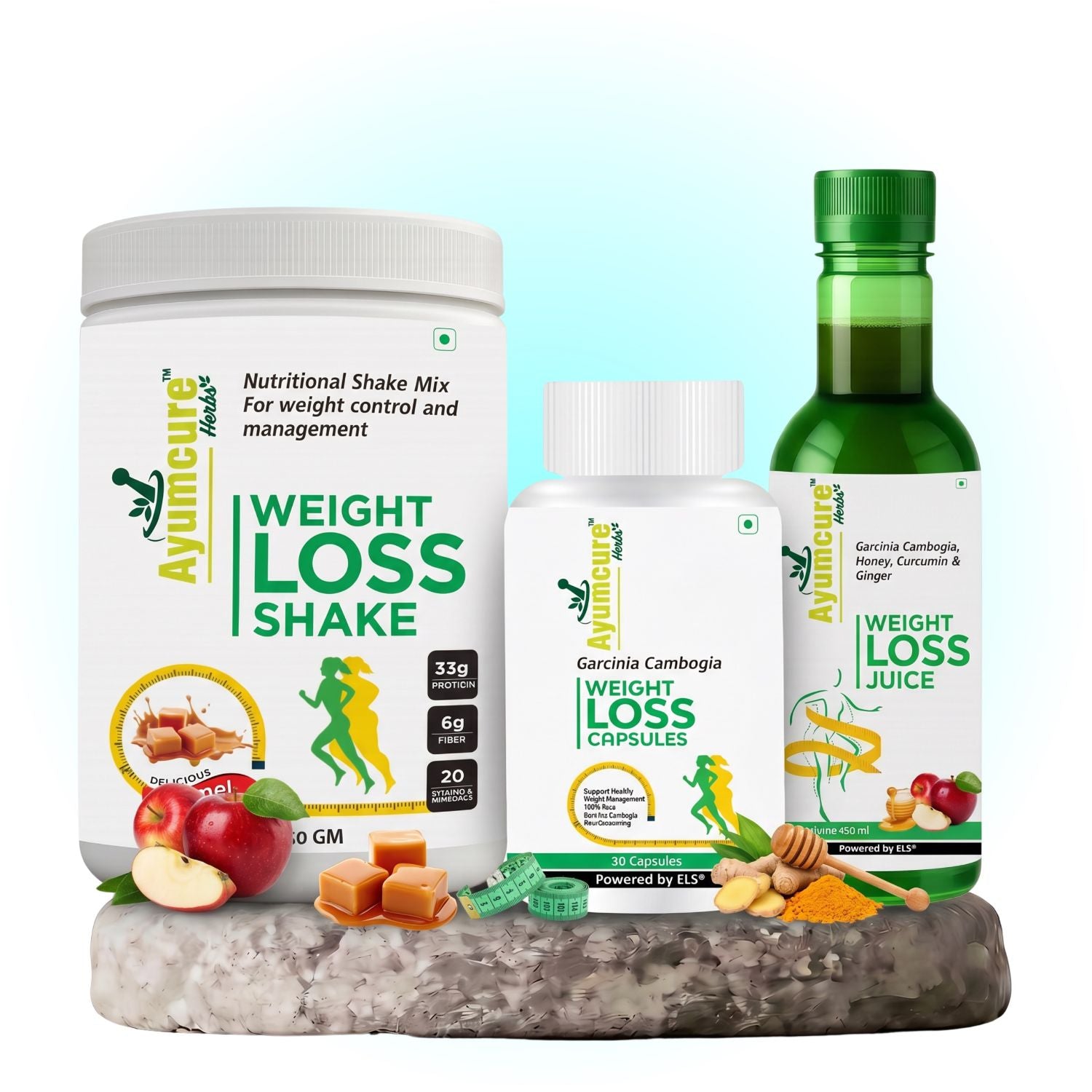 Ayurvedic Weight Management Kit – Ayurvedic Fat Burn Capsules + Wellness Juice + Plant Protein Blend | High Protein & Fiber for Natural Fat Burn | Men & Women